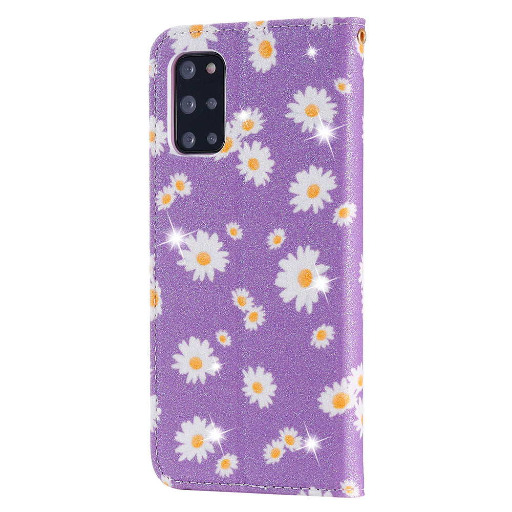 Daisy Pattern Flash Powder Style PU Leather Shell for Samsung Galaxy S20 Plus - Purple