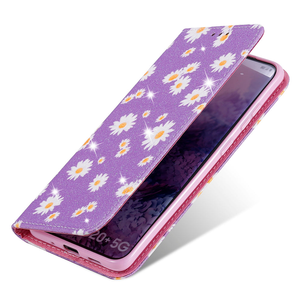 Daisy Pattern Flash Powder Style PU Leather Shell for Samsung Galaxy S20 Plus - Purple