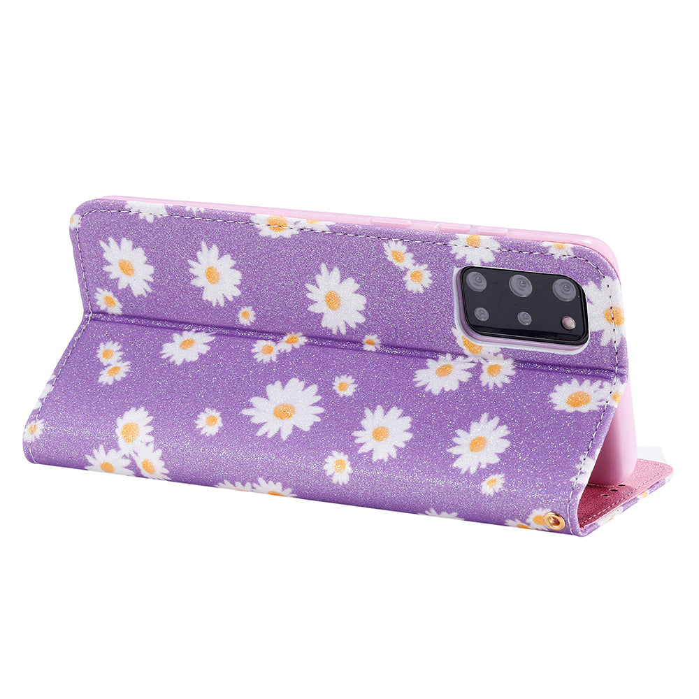 Daisy Pattern Flash Powder Style PU Leather Shell for Samsung Galaxy S20 Plus - Purple