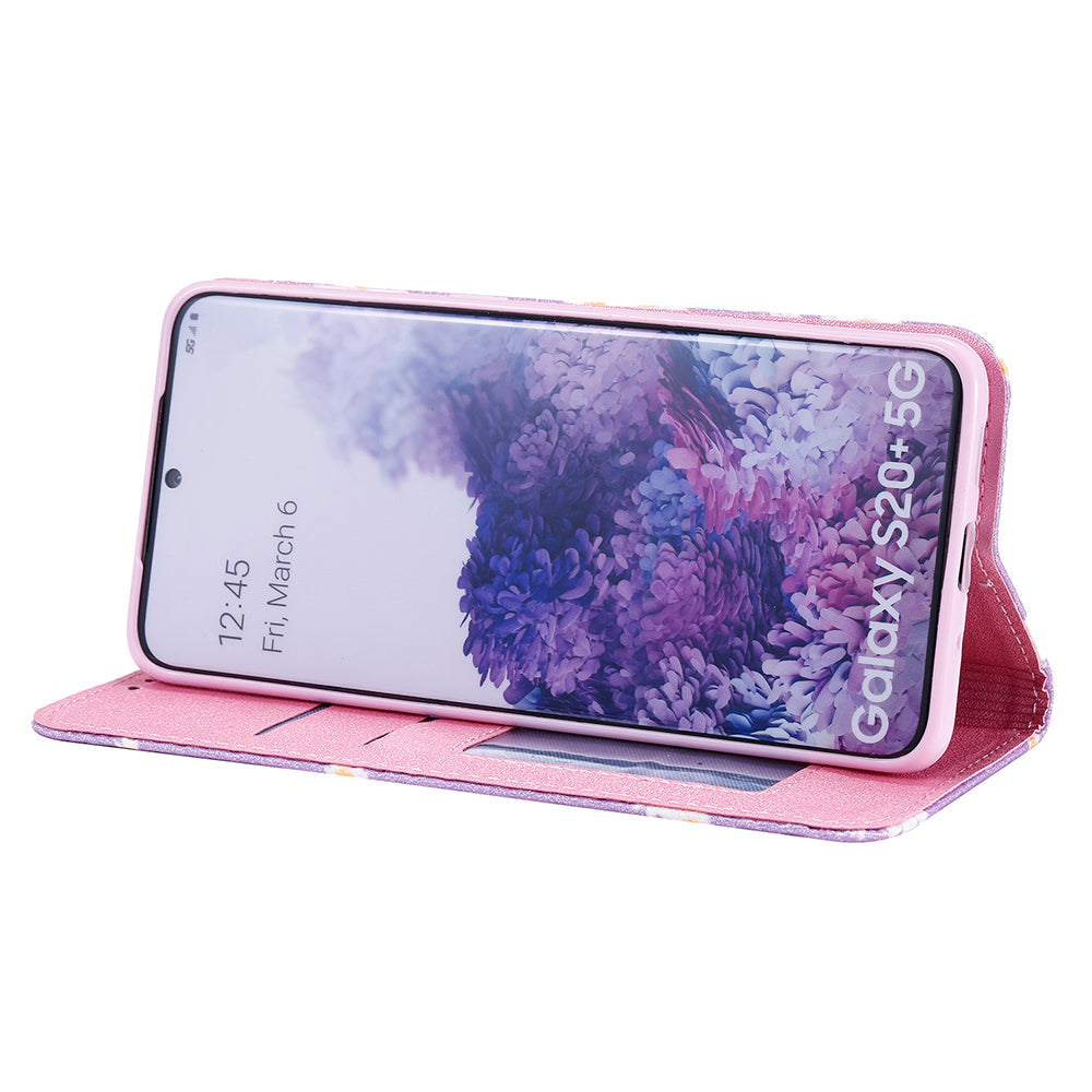 Daisy Pattern Flash Powder Style PU Leather Shell for Samsung Galaxy S20 Plus - Purple