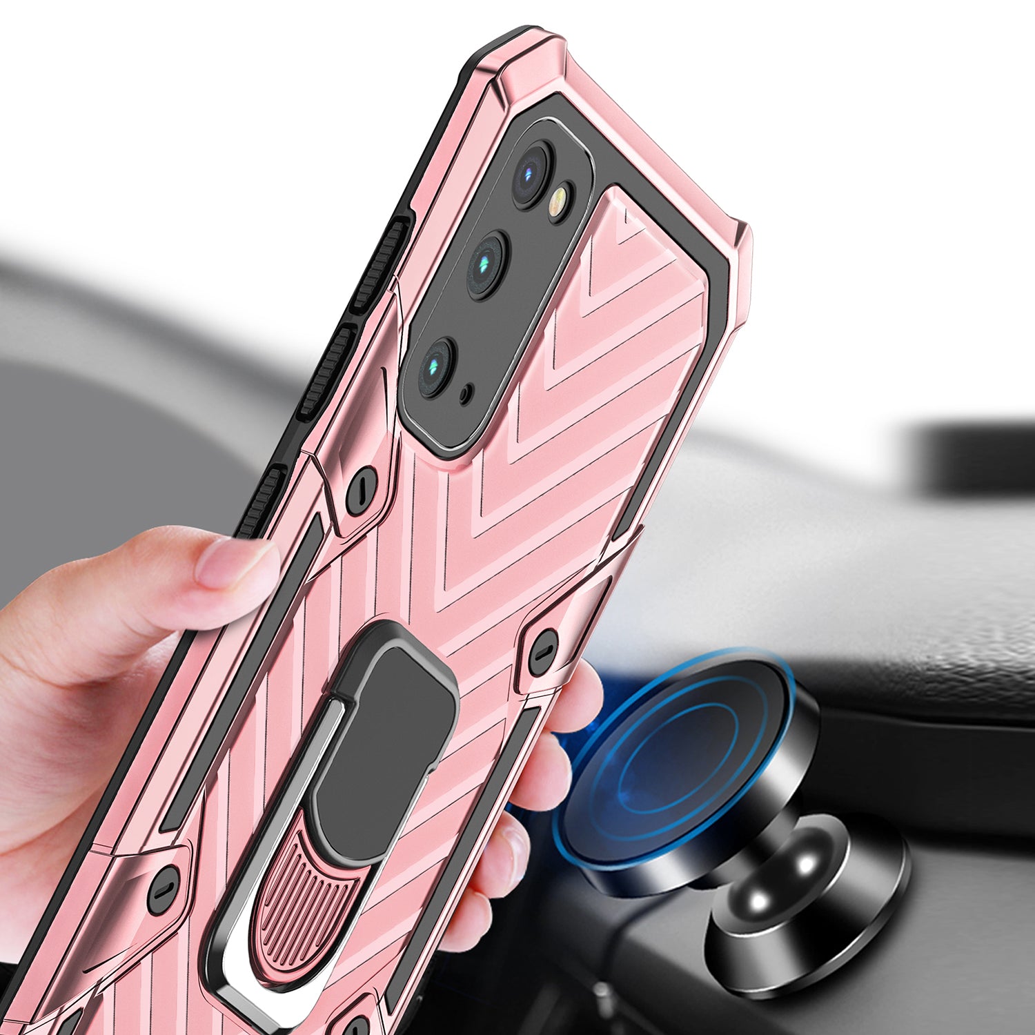 Rotatable Finger Ring Kickstand PC + TPU Hybrid Back Case for Samsung Galaxy S20 4G/S20 5G - Rose Gold