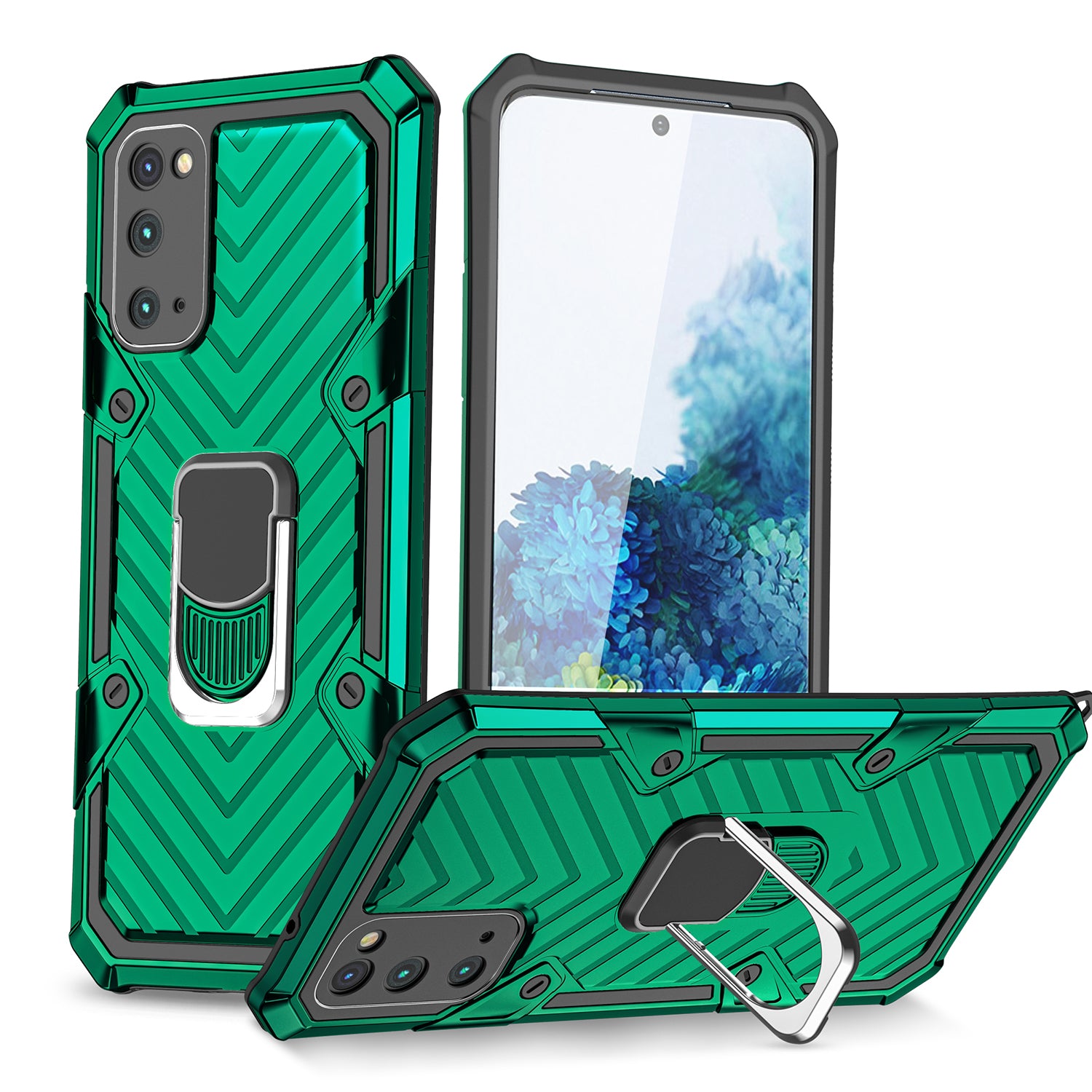 Rotatable Finger Ring Kickstand PC + TPU Hybrid Back Case for Samsung Galaxy S20 4G/S20 5G - Dark Green