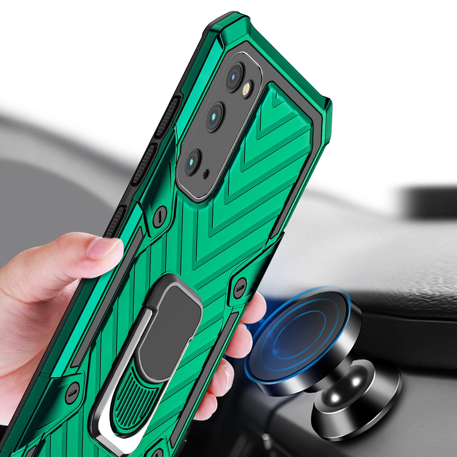 Rotatable Finger Ring Kickstand PC + TPU Hybrid Back Case for Samsung Galaxy S20 4G/S20 5G - Dark Green