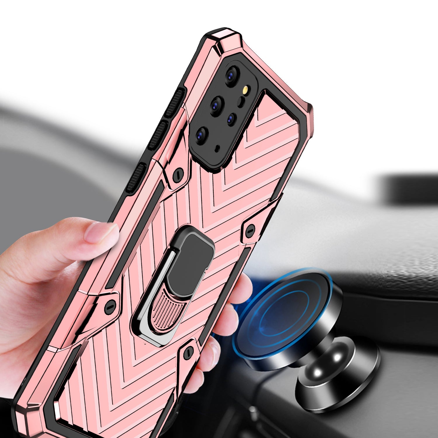 Rotatable Finger Ring Kickstand PC + TPU Combo Case for Samsung Galaxy S20 Plus - Rose Gold