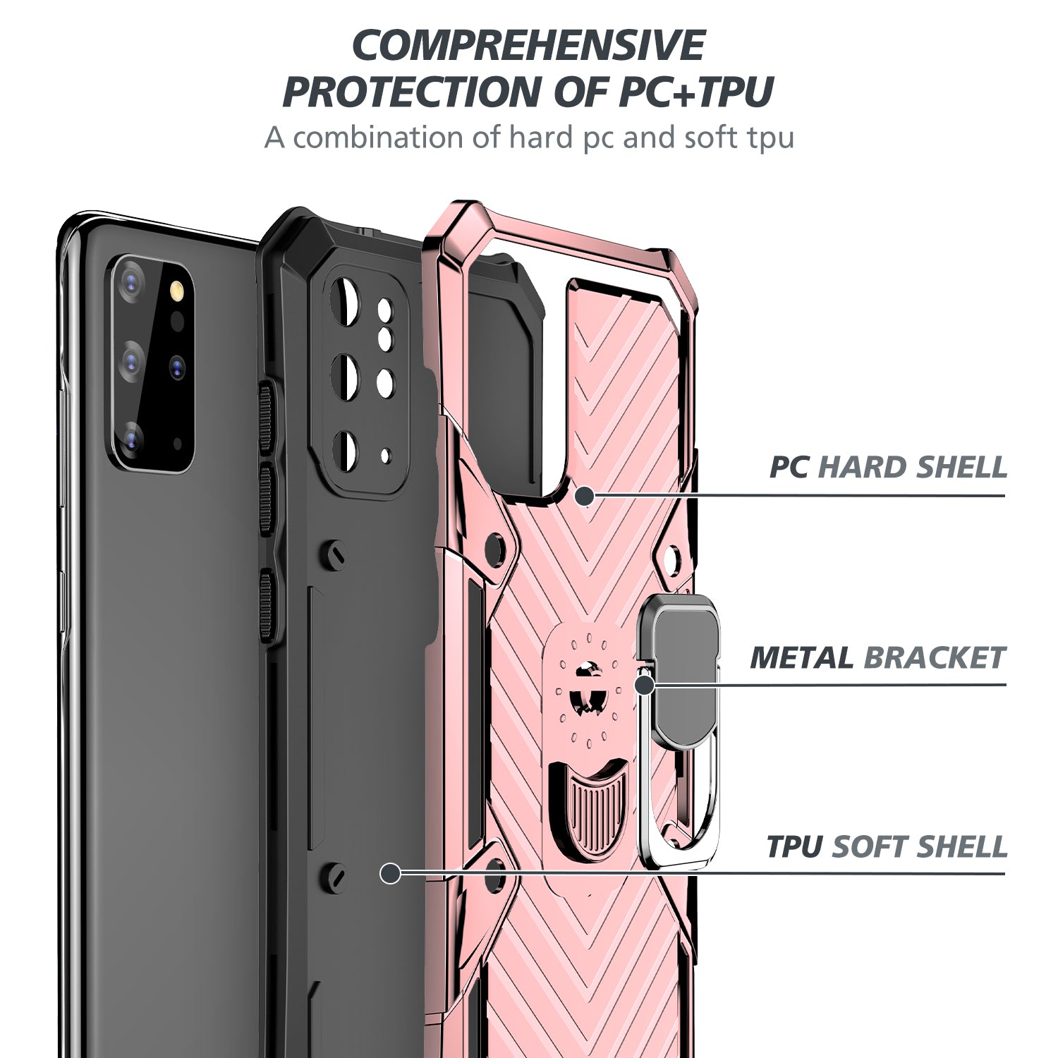 Rotatable Finger Ring Kickstand PC + TPU Combo Case for Samsung Galaxy S20 Plus - Rose Gold