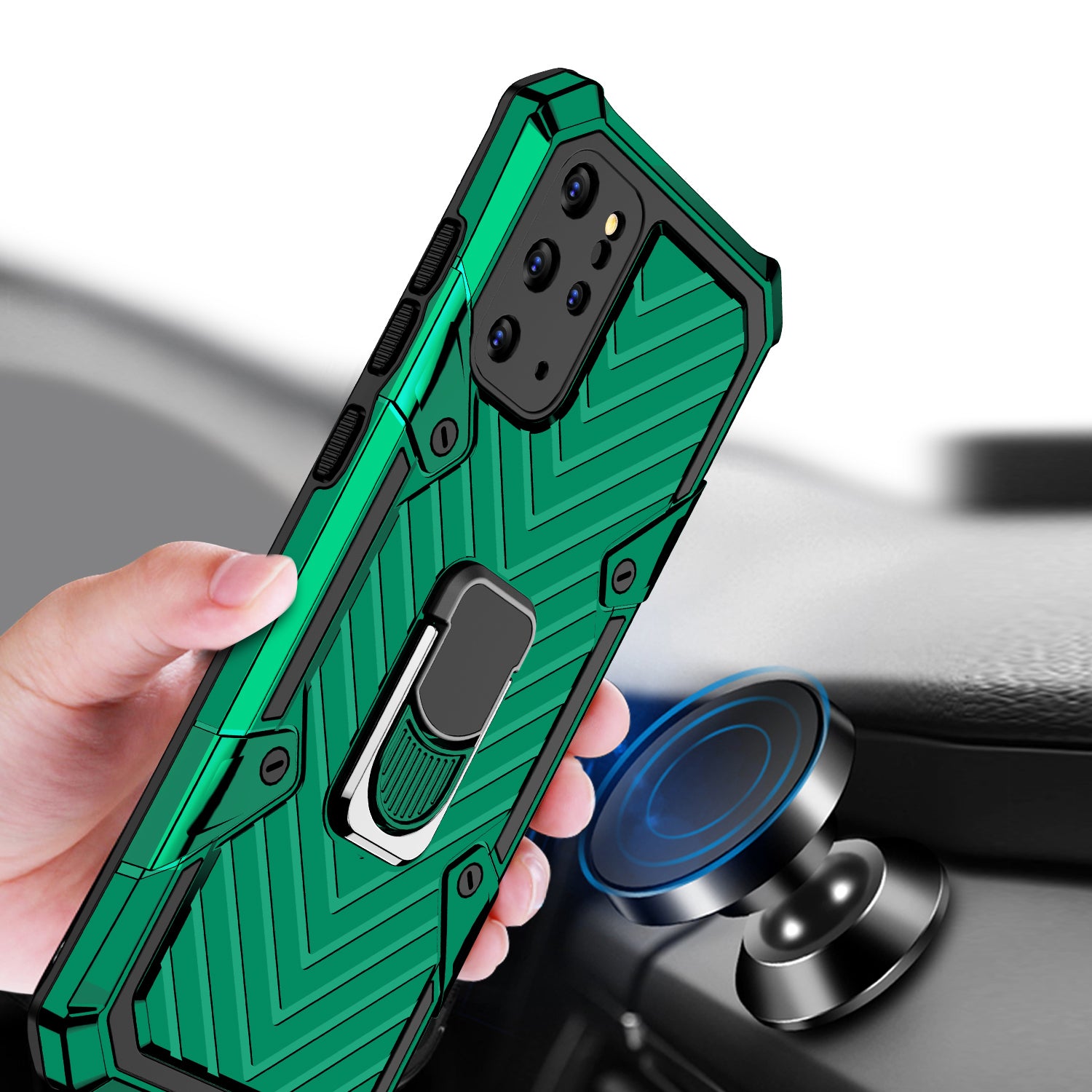 Rotatable Finger Ring Kickstand PC + TPU Combo Case for Samsung Galaxy S20 Plus - Dark Green