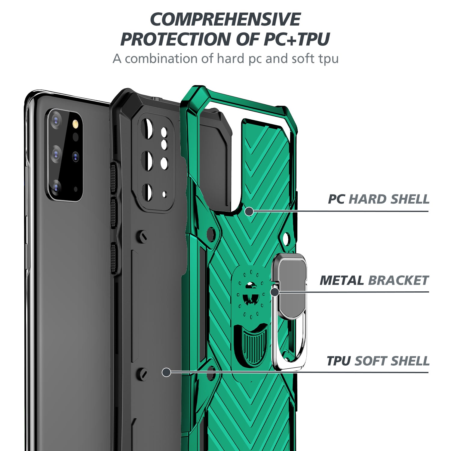 Rotatable Finger Ring Kickstand PC + TPU Combo Case for Samsung Galaxy S20 Plus - Dark Green