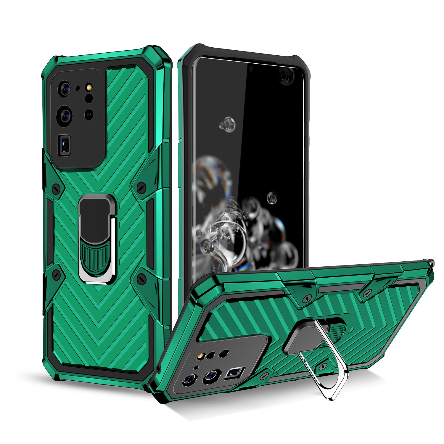 Rotatable Finger Ring Kickstand PC + TPU Combo Shell for Samsung Galaxy S20 Ultra - Dark Green