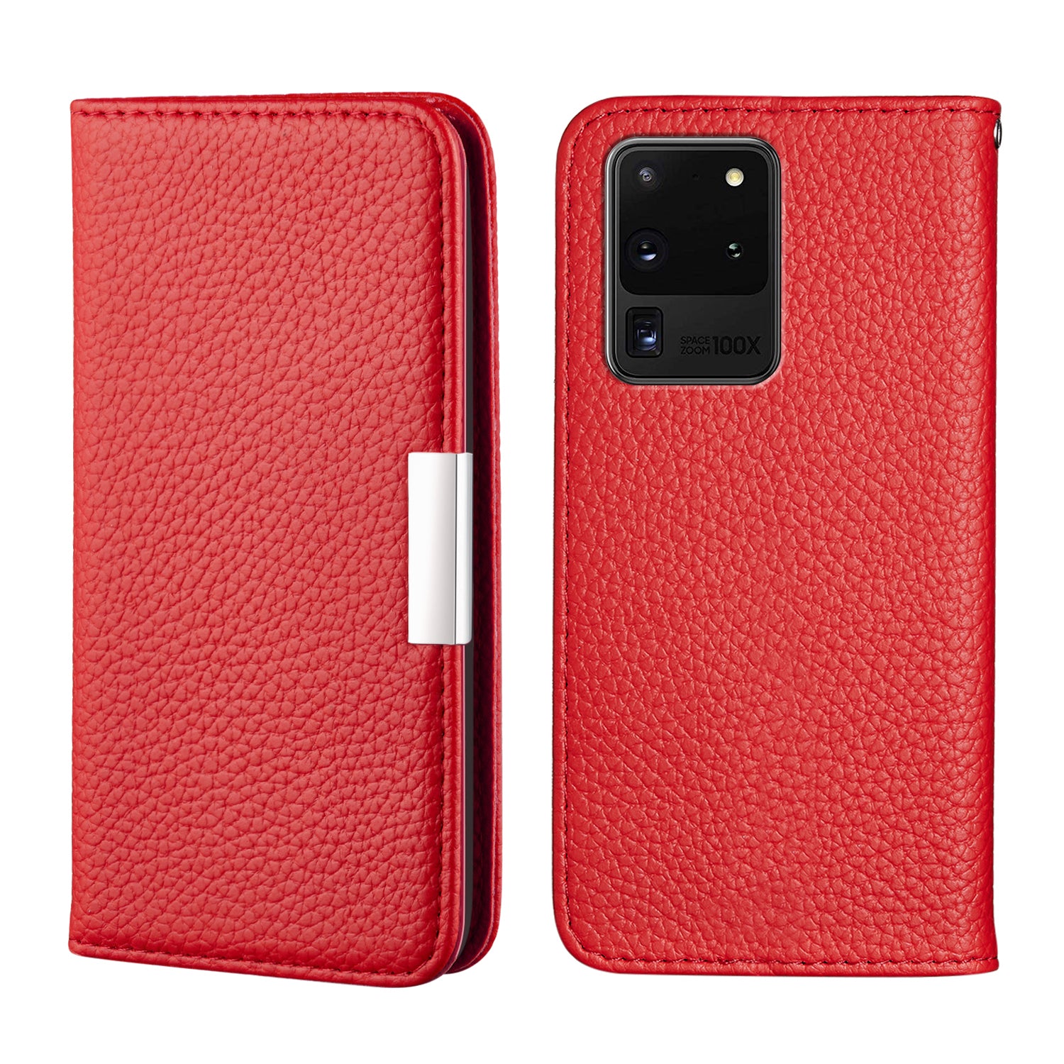 Litchi Skin Leather Stand Cover with Card Slots Retro Case for Samsung Galaxy S20 Ultra - Red