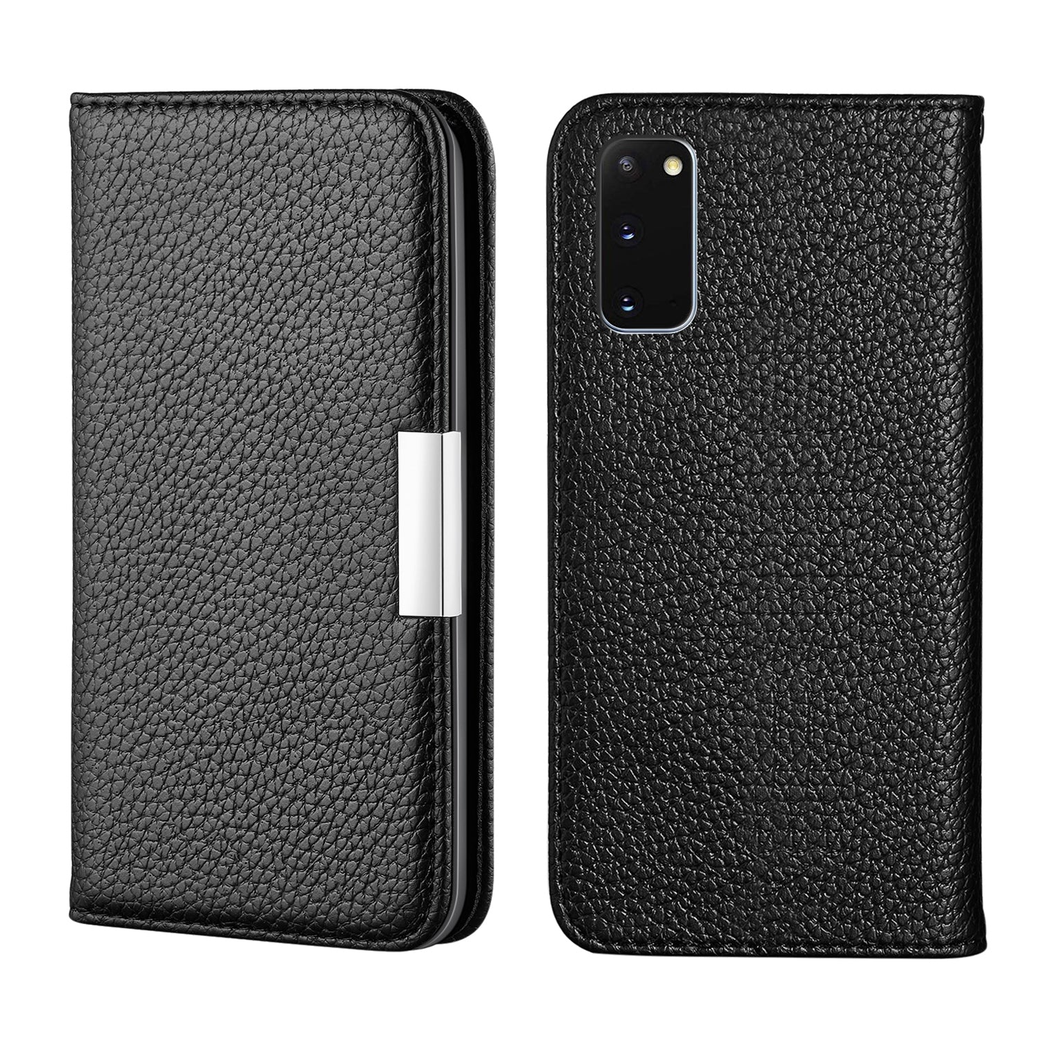 Litchi Skin Auto-absorbed Leather Stand Cover with Card Slots Case for Samsung Galaxy S20 4G/S20 5G - Black