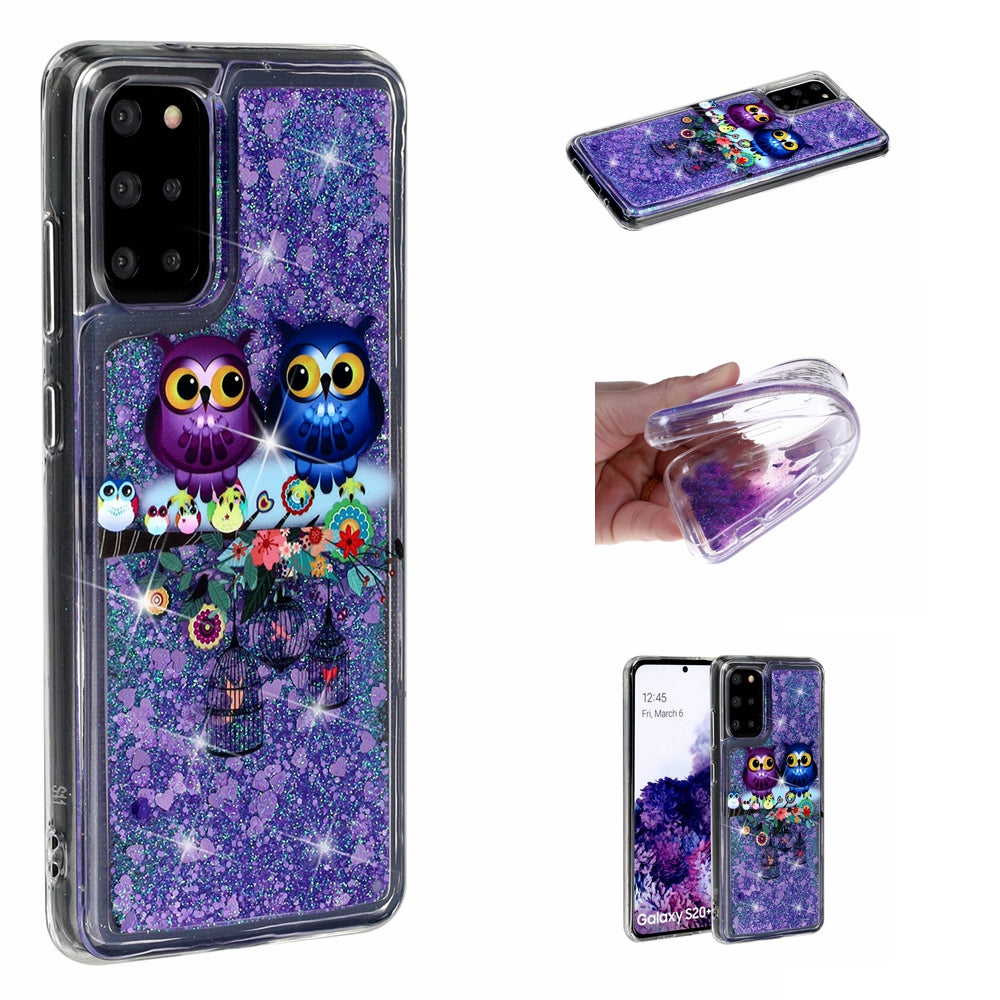 Pattern Printing Glitter Powder Quicksand TPU Back Case for Samsung Galaxy S20 Plus - Couple Owls