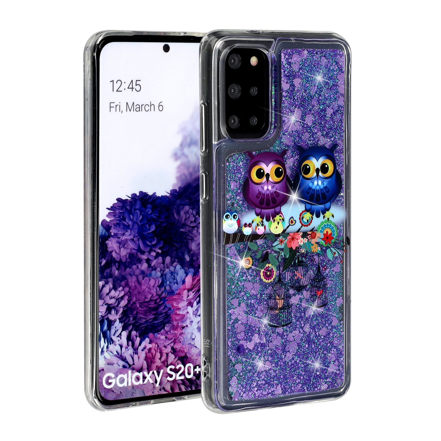 Pattern Printing Glitter Powder Quicksand TPU Back Case for Samsung Galaxy S20 Plus - Couple Owls