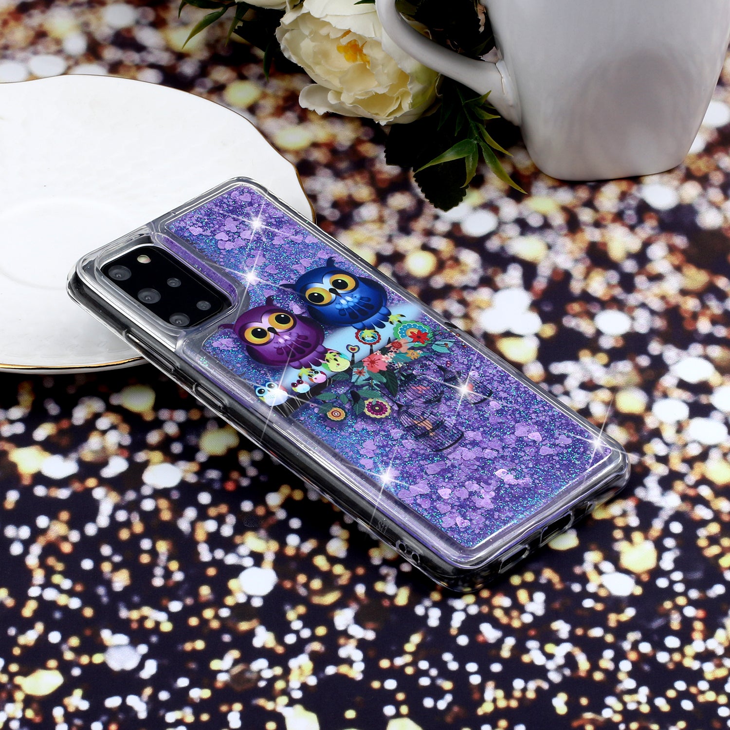 Pattern Printing Glitter Powder Quicksand TPU Back Case for Samsung Galaxy S20 Plus - Couple Owls