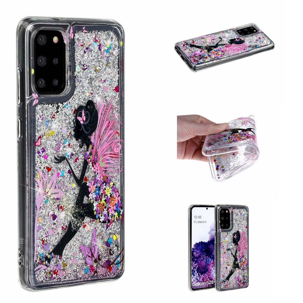 Pattern Printing Glitter Powder Quicksand TPU Back Case for Samsung Galaxy S20 Plus - Girl and Butterfly