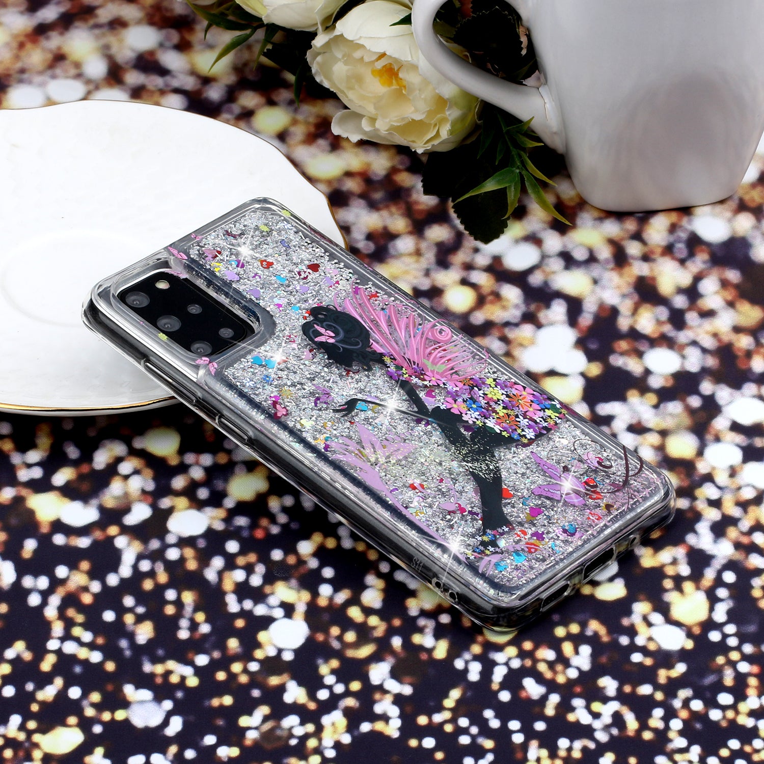 Pattern Printing Glitter Powder Quicksand TPU Back Case for Samsung Galaxy S20 Plus - Girl and Butterfly