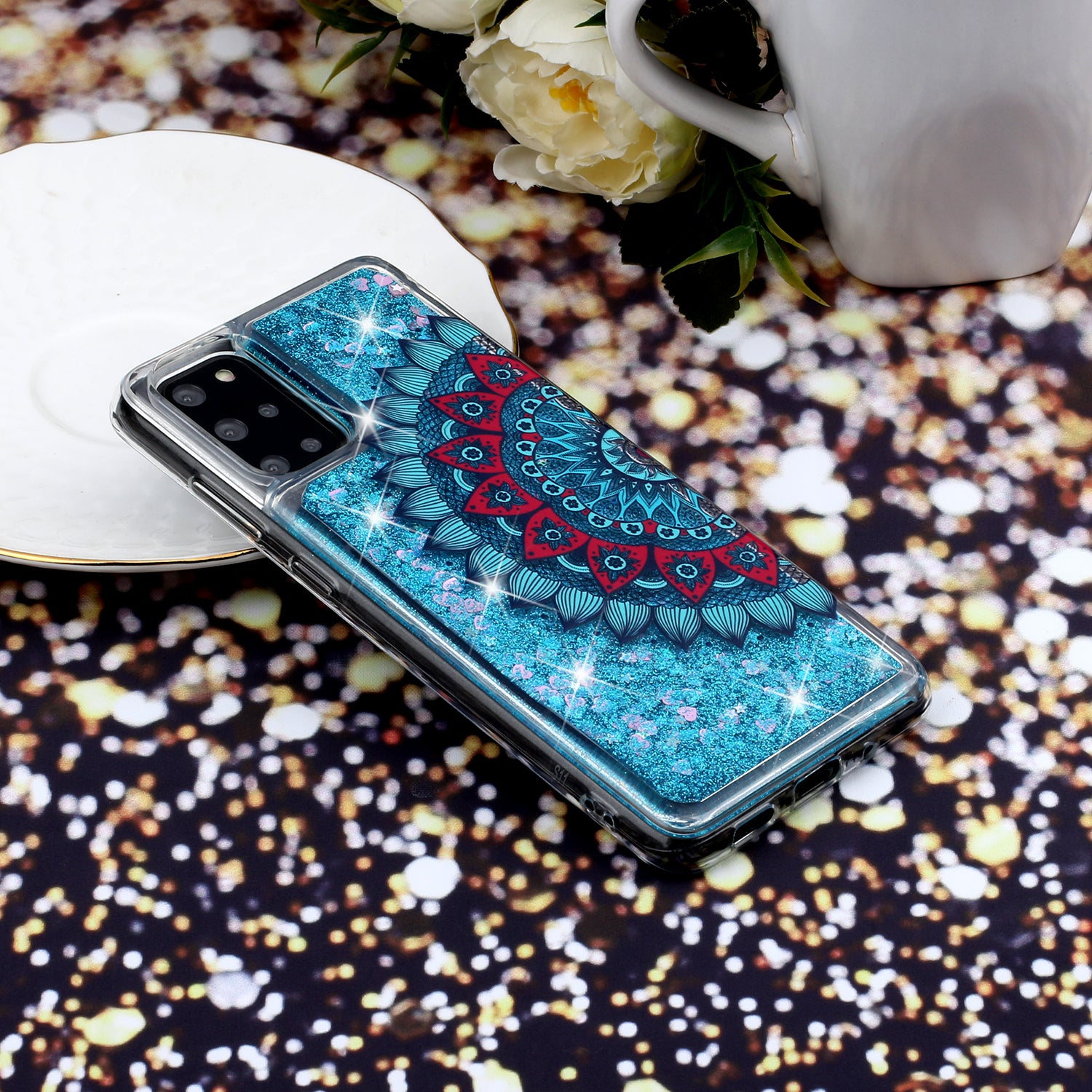 Pattern Printing Glitter Powder Quicksand TPU Back Case for Samsung Galaxy S20 Plus - Mandala Flower