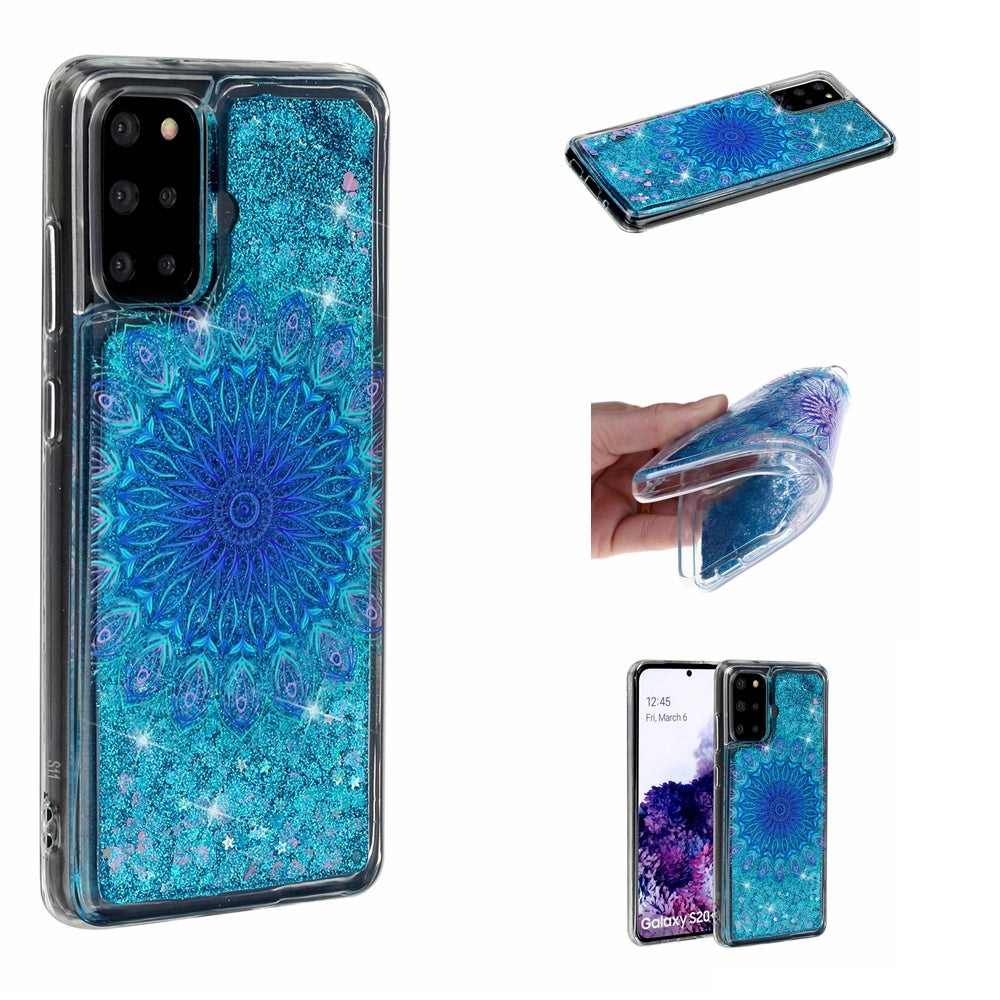 Pattern Printing Glitter Powder Quicksand TPU Back Case for Samsung Galaxy S20 Plus - Blue Mandala Flower