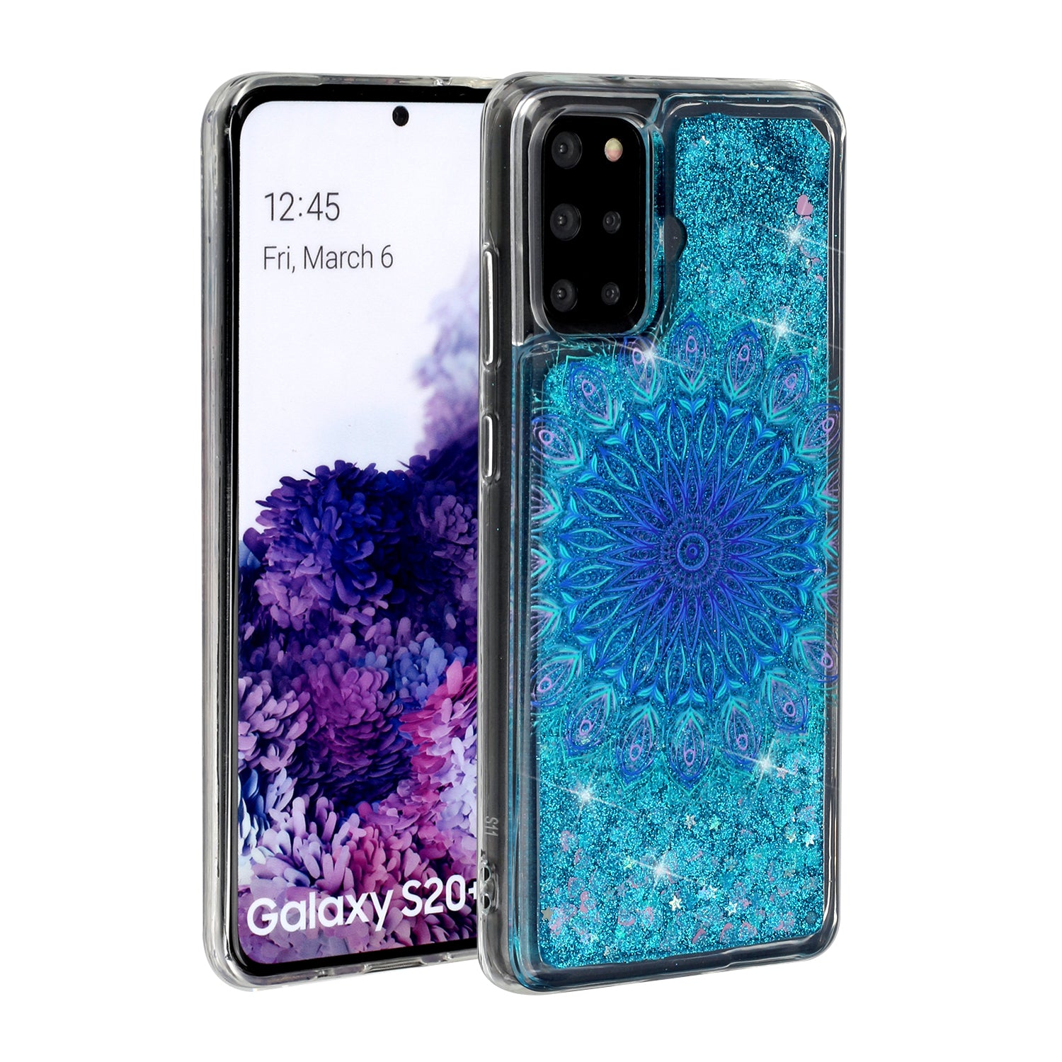 Pattern Printing Glitter Powder Quicksand TPU Back Case for Samsung Galaxy S20 Plus - Blue Mandala Flower