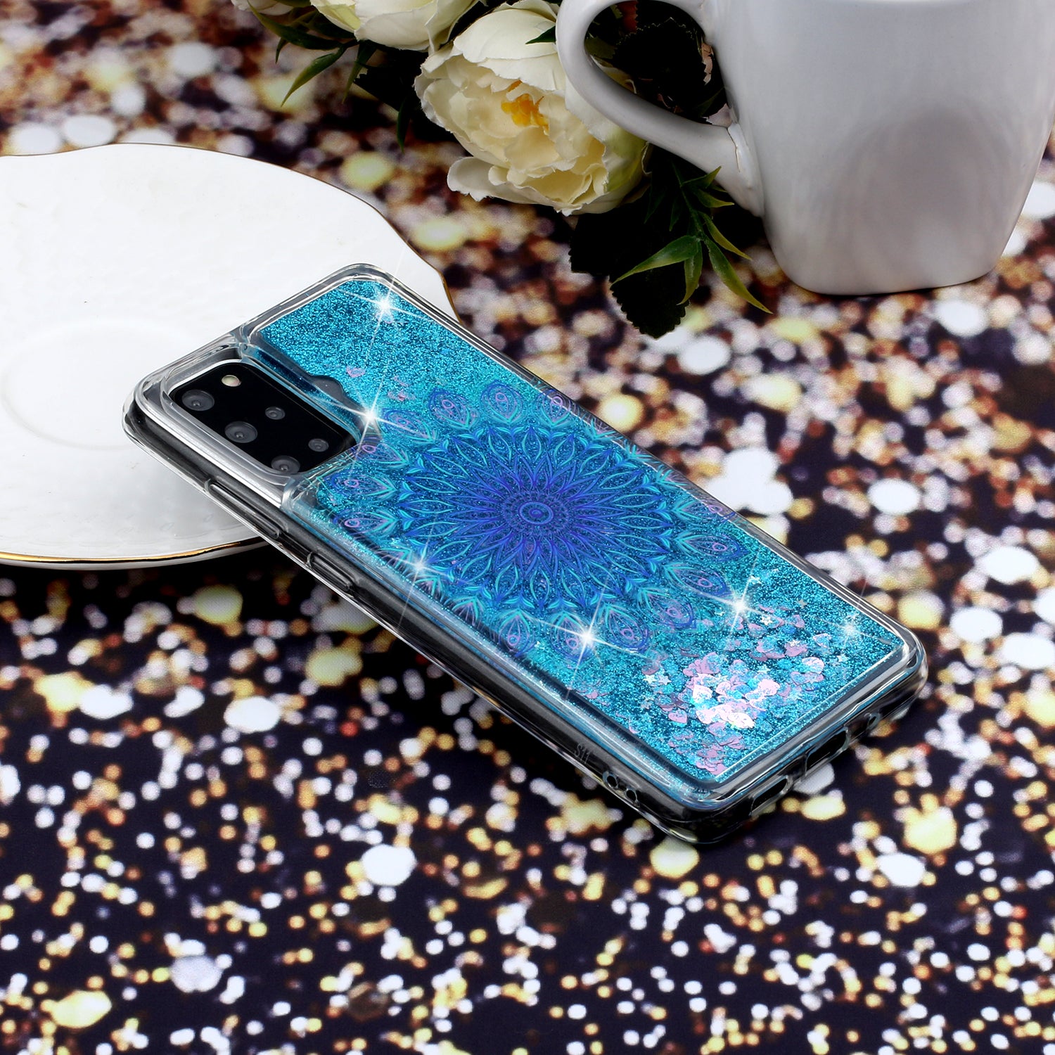 Pattern Printing Glitter Powder Quicksand TPU Back Case for Samsung Galaxy S20 Plus - Blue Mandala Flower