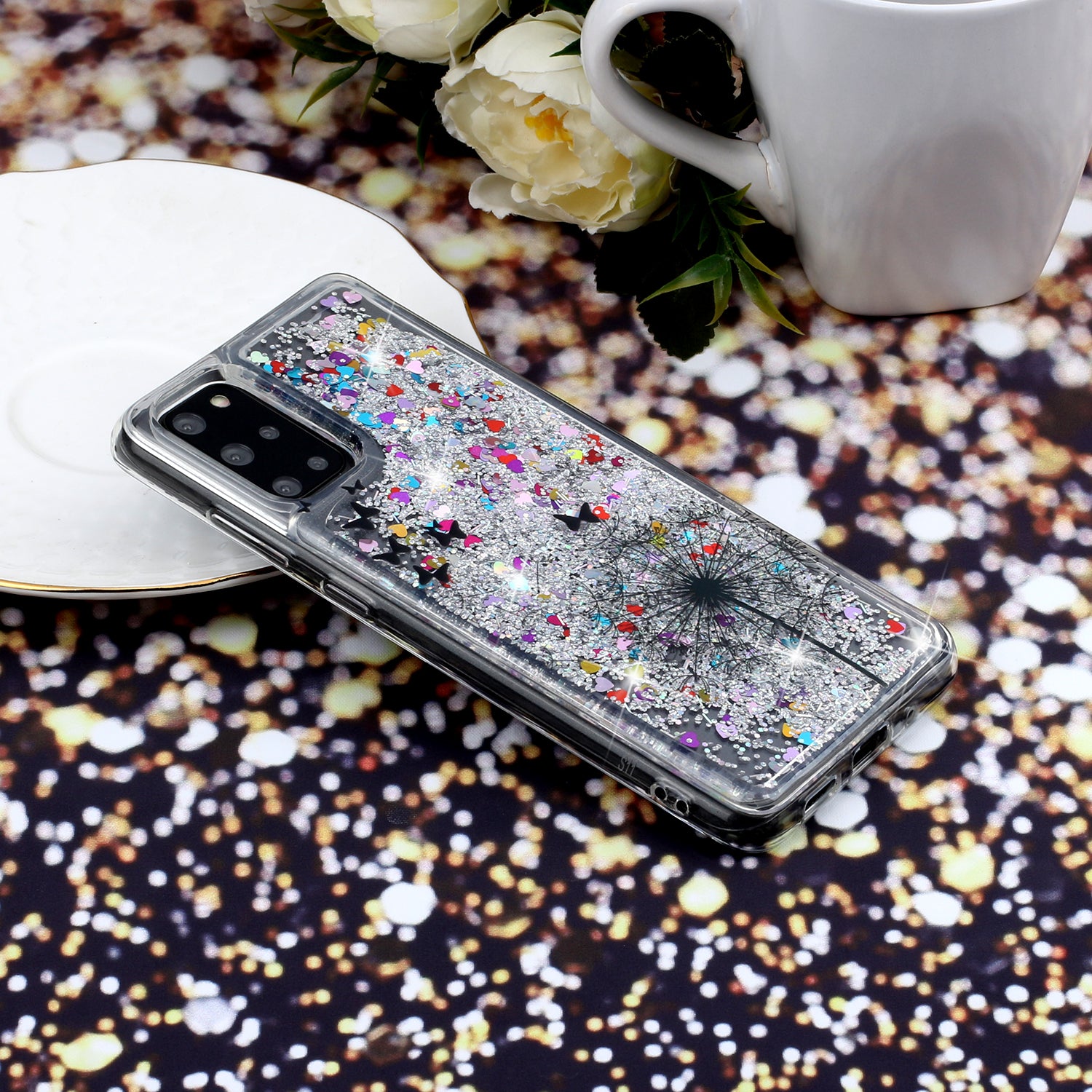 Pattern Printing Glitter Powder Quicksand TPU Back Case for Samsung Galaxy S20 Plus - Dandelion