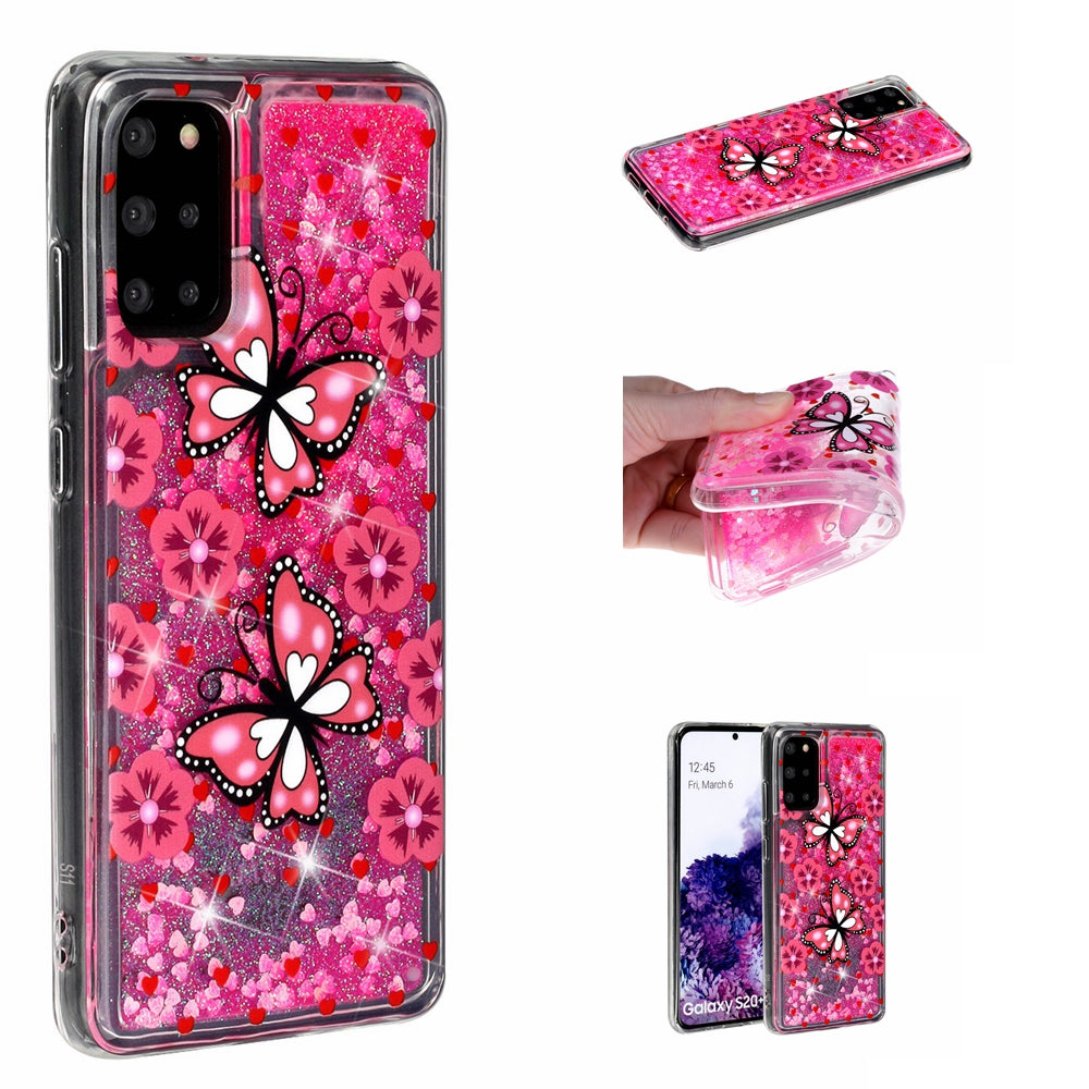 Pattern Printing Glitter Powder Quicksand TPU Back Case for Samsung Galaxy S20 Plus - Butterflies