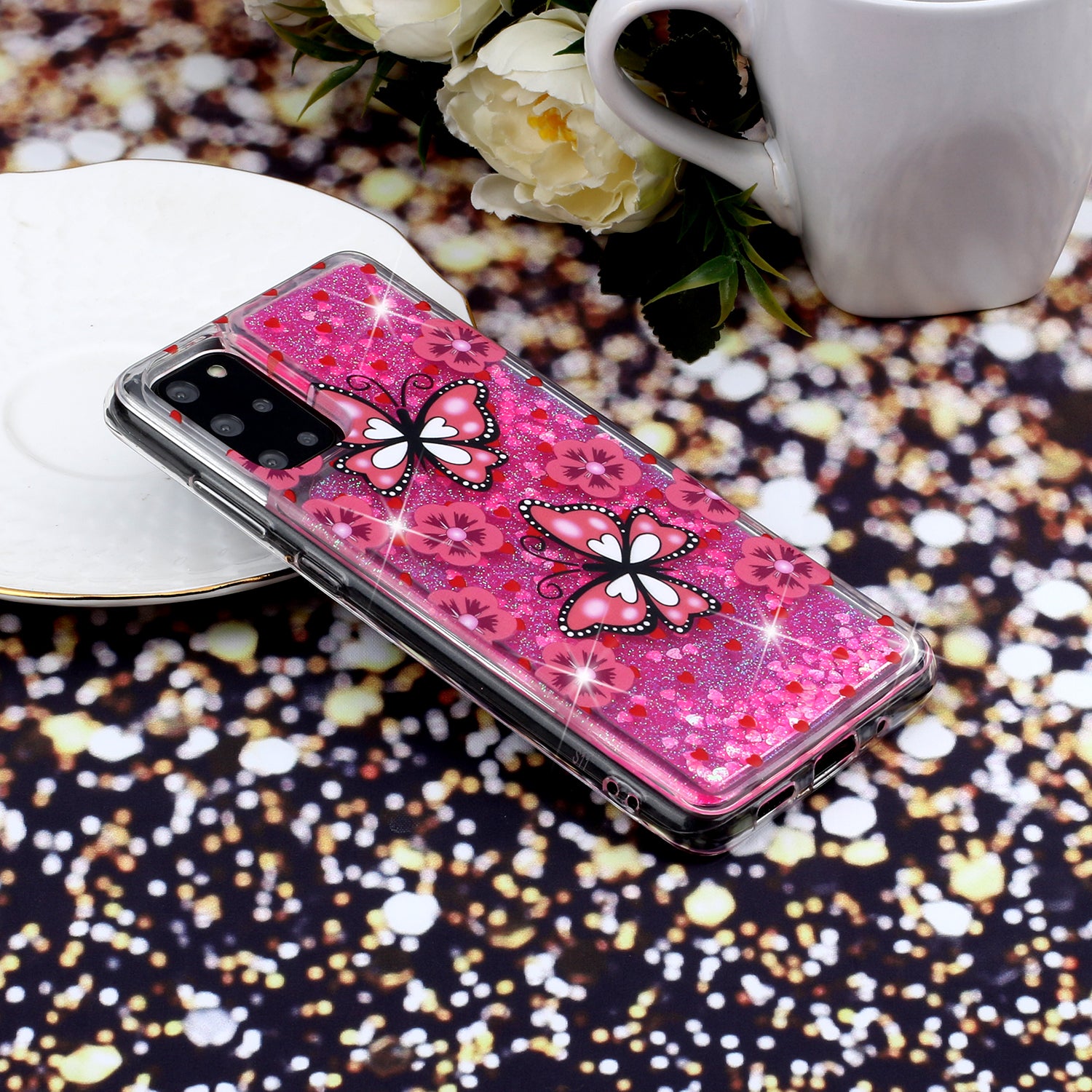 Pattern Printing Glitter Powder Quicksand TPU Back Case for Samsung Galaxy S20 Plus - Butterflies