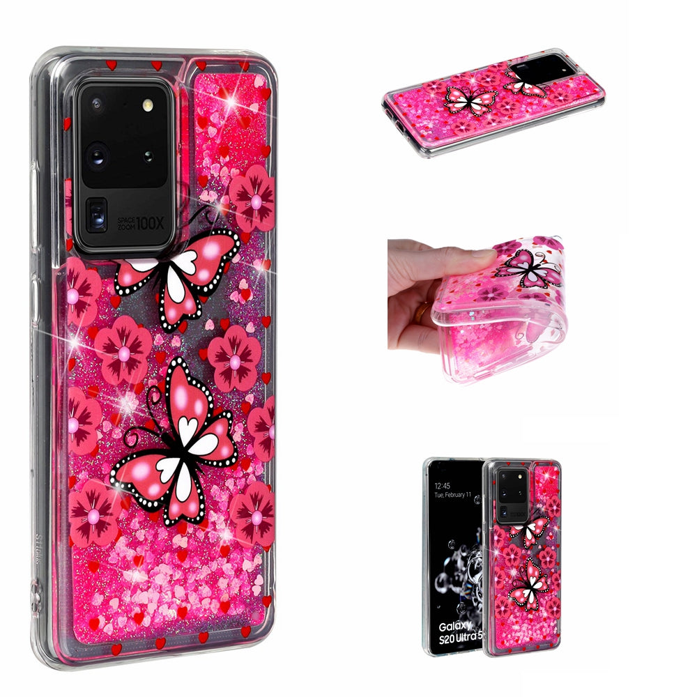 Pattern Printing Glitter Powder Quicksand TPU Phone Case for Samsung Galaxy S20 Ultra - Butterflies