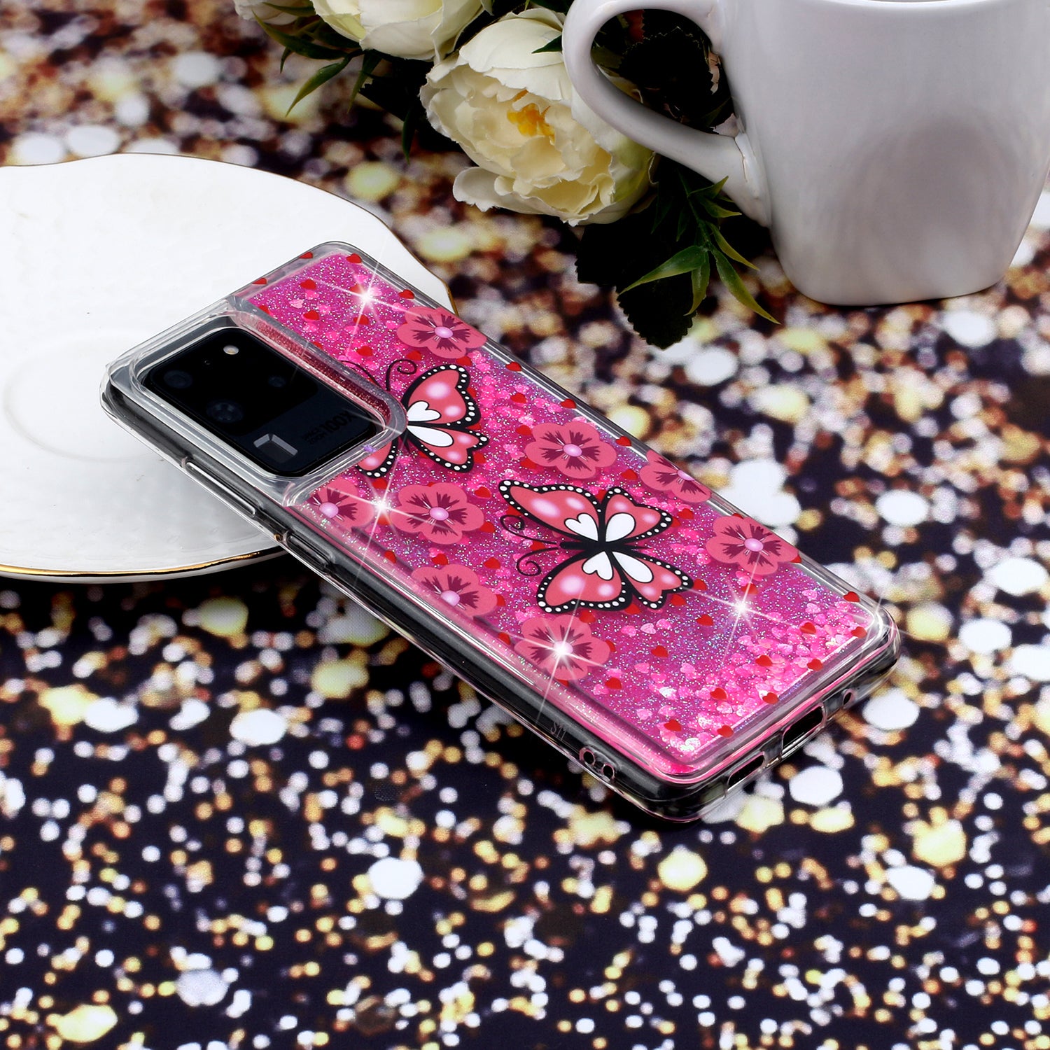 Pattern Printing Glitter Powder Quicksand TPU Phone Case for Samsung Galaxy S20 Ultra - Butterflies