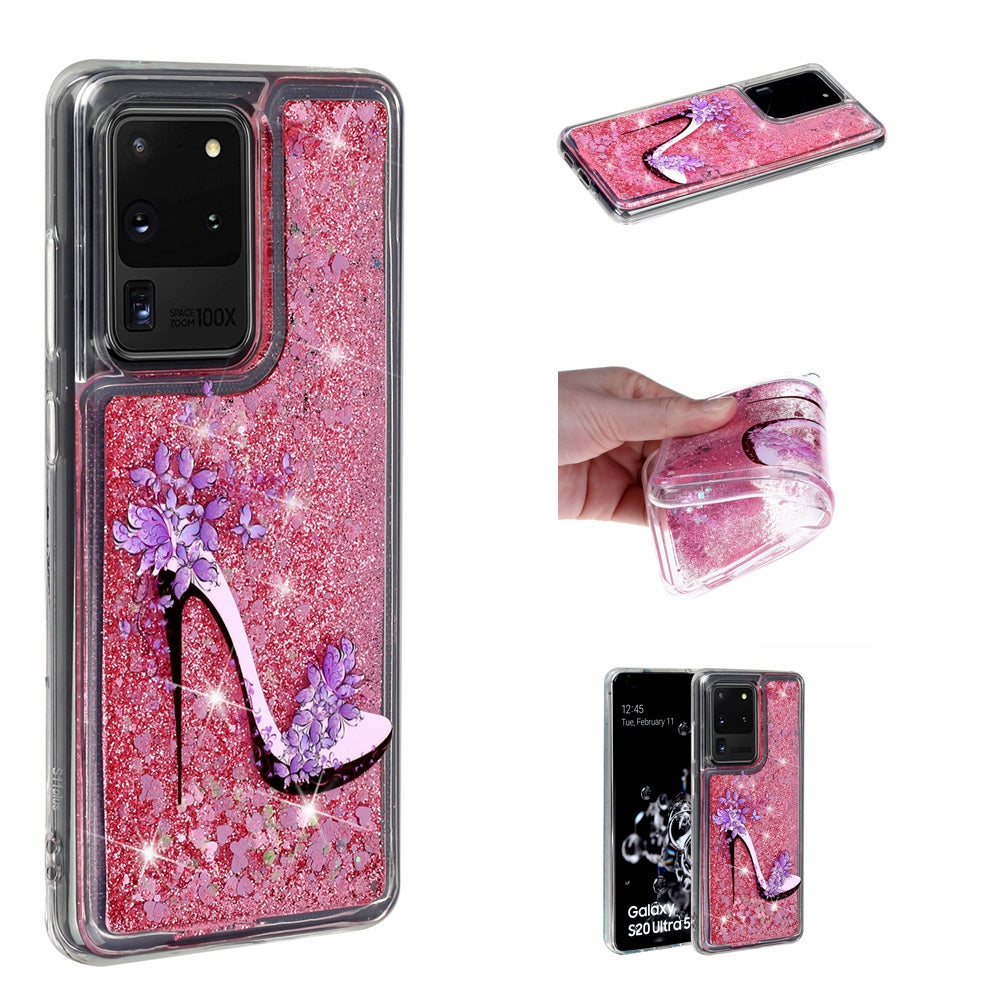 Pattern Printing Glitter Powder Quicksand TPU Phone Case for Samsung Galaxy S20 Ultra - High Heels