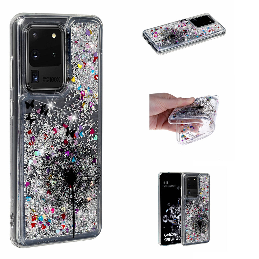 Pattern Printing Glitter Powder Quicksand TPU Phone Case for Samsung Galaxy S20 Ultra - Dandelion