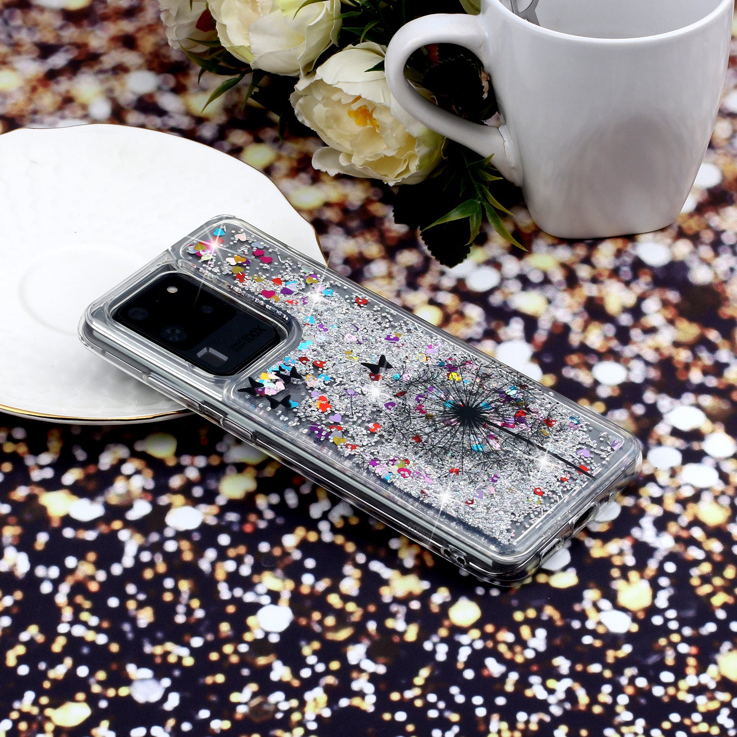 Pattern Printing Glitter Powder Quicksand TPU Phone Case for Samsung Galaxy S20 Ultra - Dandelion