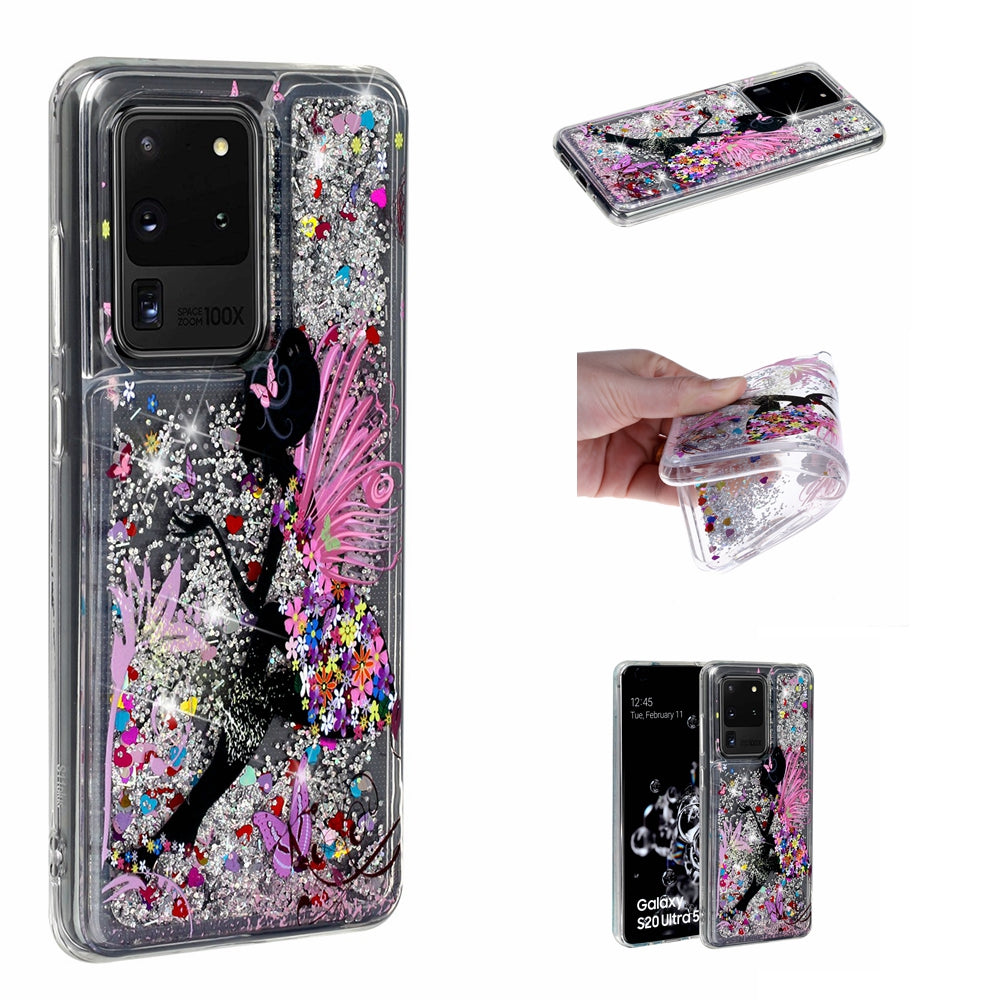 Pattern Printing Glitter Powder Quicksand TPU Phone Case for Samsung Galaxy S20 Ultra - Girl and Butterfly