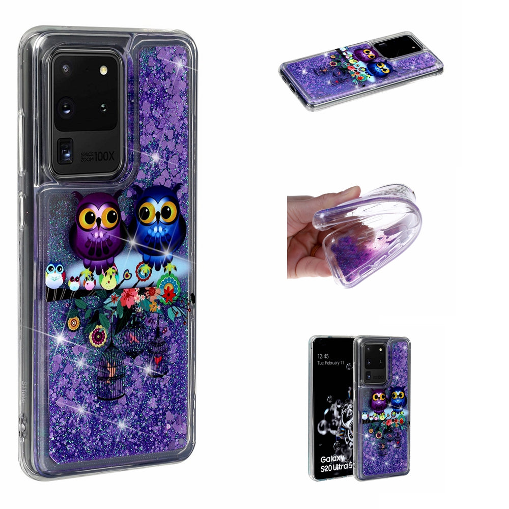 Pattern Printing Glitter Powder Quicksand TPU Phone Case for Samsung Galaxy S20 Ultra - Couple Owls