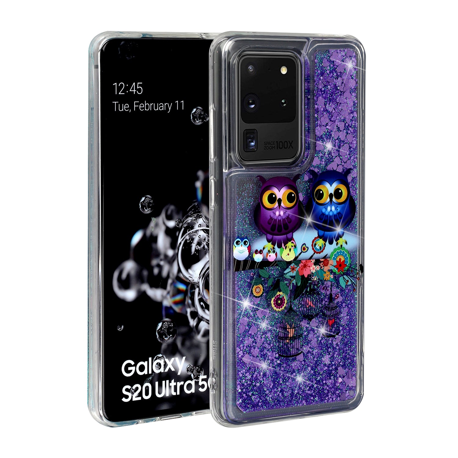 Pattern Printing Glitter Powder Quicksand TPU Phone Case for Samsung Galaxy S20 Ultra - Couple Owls