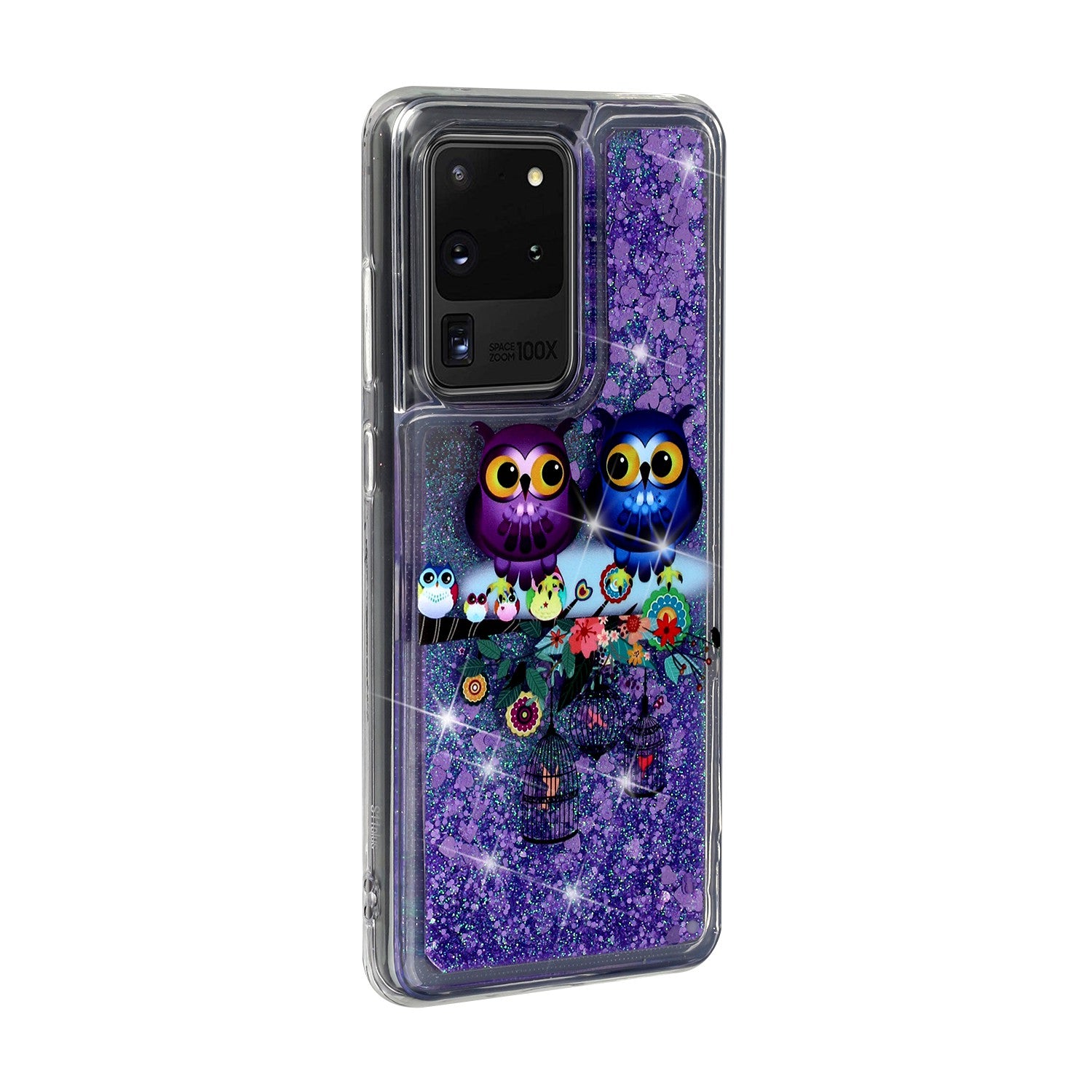 Pattern Printing Glitter Powder Quicksand TPU Phone Case for Samsung Galaxy S20 Ultra - Couple Owls