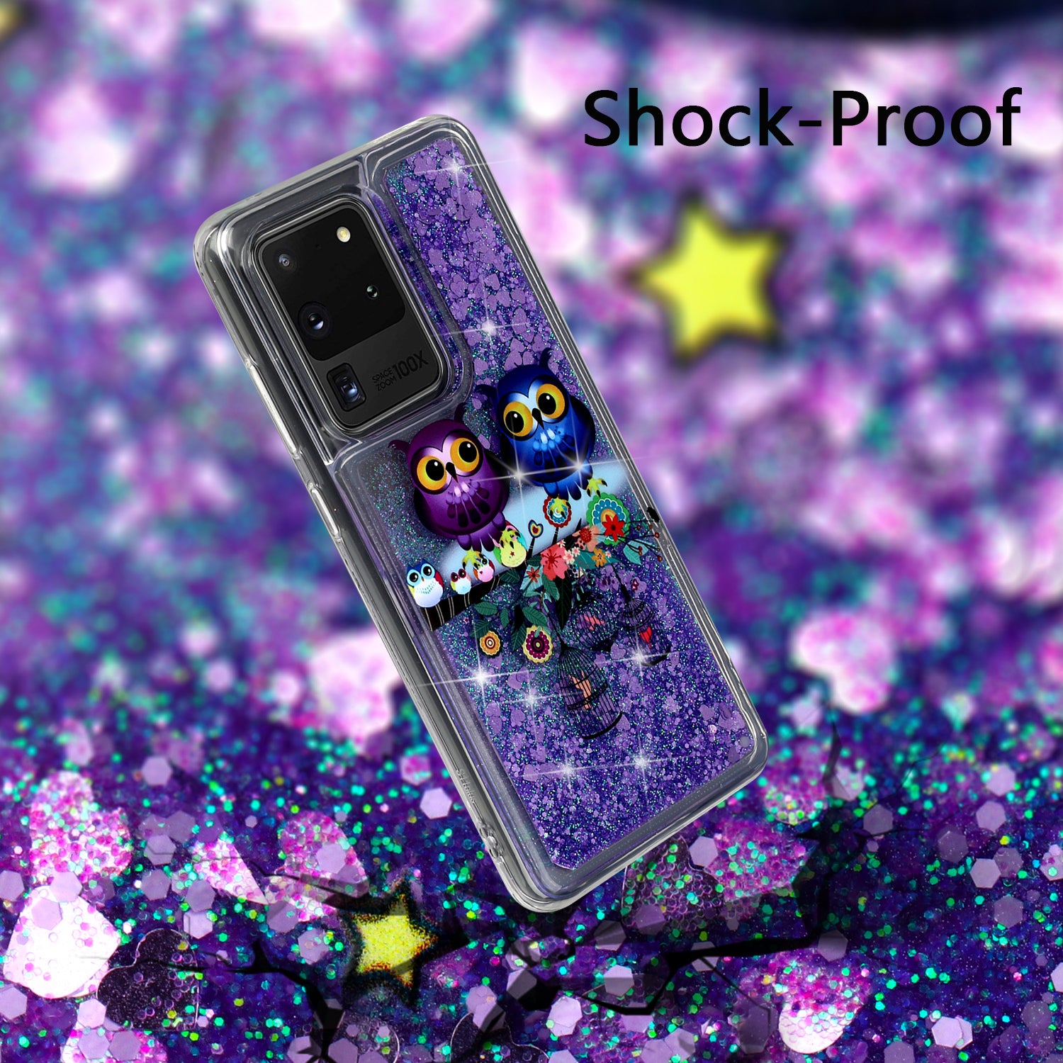 Pattern Printing Glitter Powder Quicksand TPU Phone Case for Samsung Galaxy S20 Ultra - Couple Owls