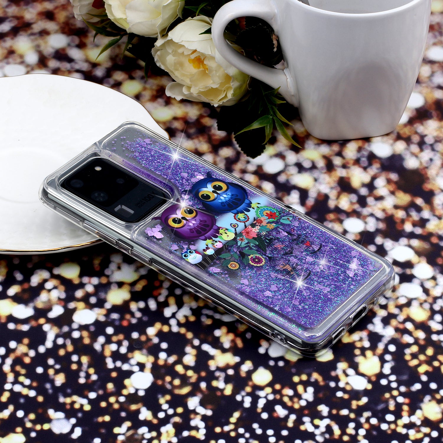 Pattern Printing Glitter Powder Quicksand TPU Phone Case for Samsung Galaxy S20 Ultra - Couple Owls