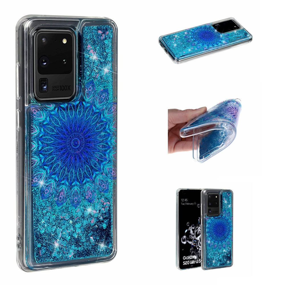 Pattern Printing Glitter Powder Quicksand TPU Phone Case for Samsung Galaxy S20 Ultra - Blue Mandala Flower