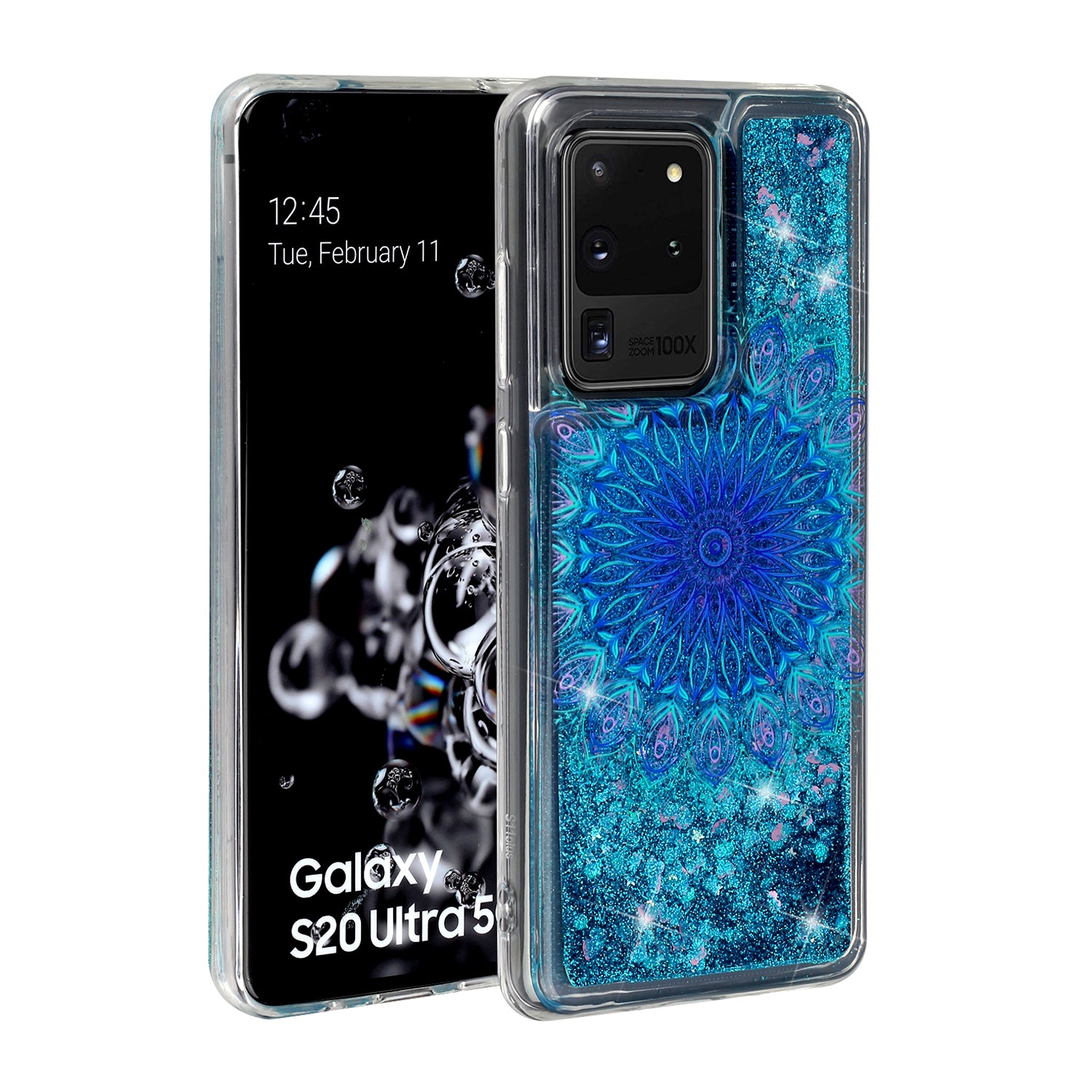 Pattern Printing Glitter Powder Quicksand TPU Phone Case for Samsung Galaxy S20 Ultra - Blue Mandala Flower