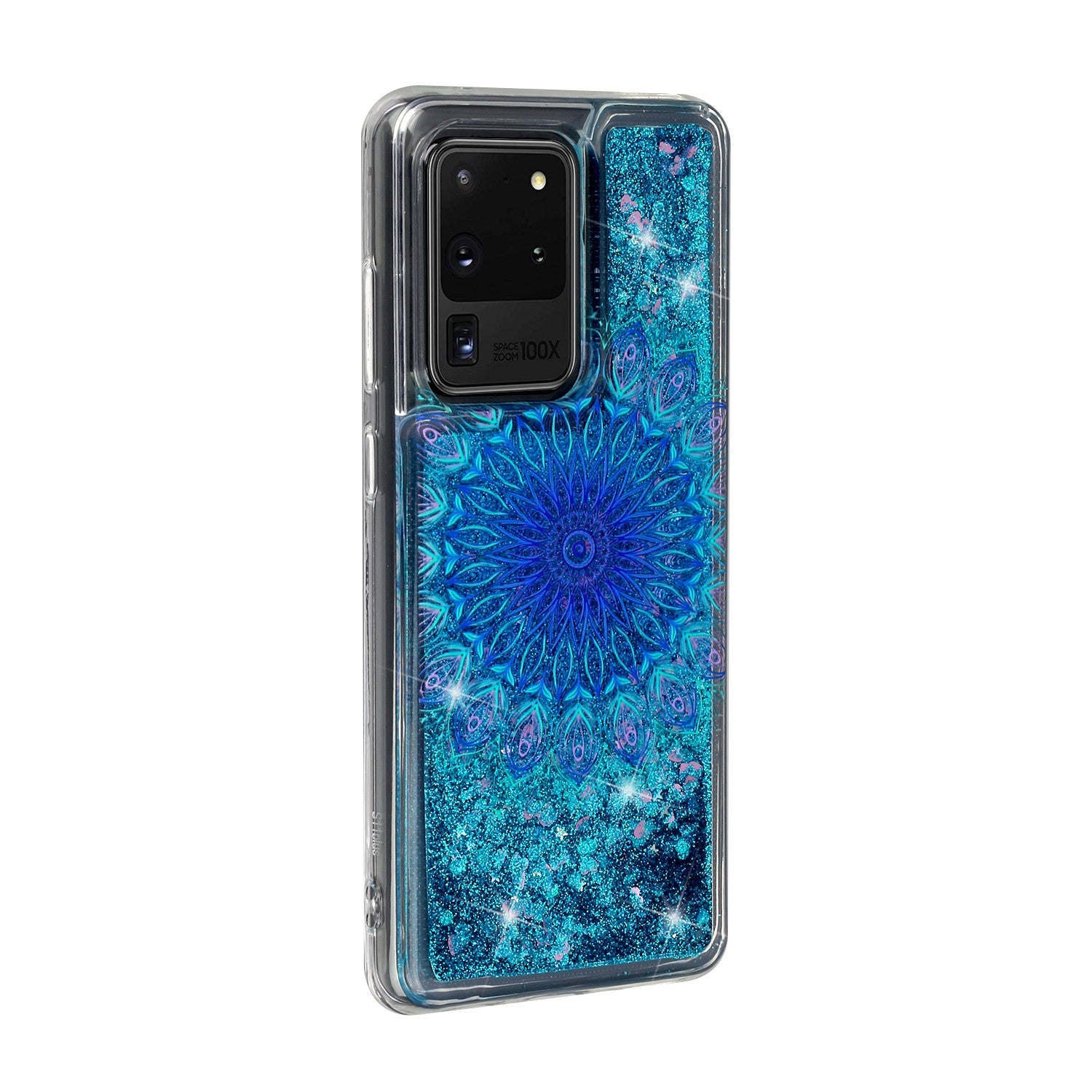 Pattern Printing Glitter Powder Quicksand TPU Phone Case for Samsung Galaxy S20 Ultra - Blue Mandala Flower