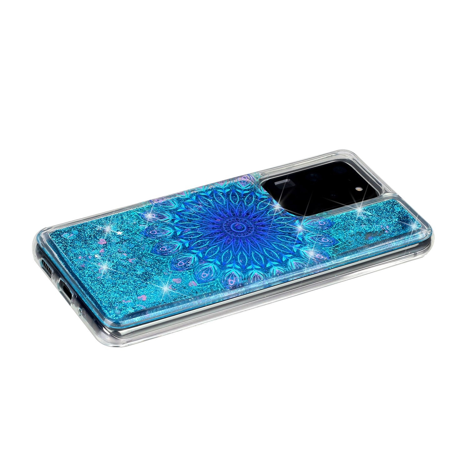 Pattern Printing Glitter Powder Quicksand TPU Phone Case for Samsung Galaxy S20 Ultra - Blue Mandala Flower