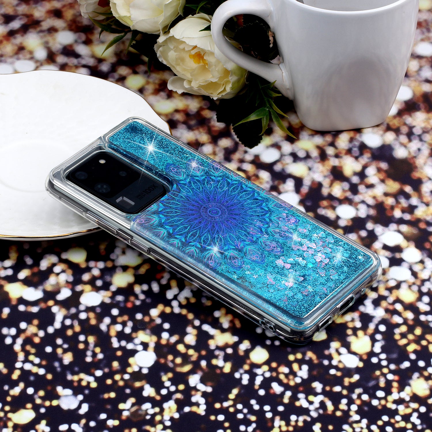 Pattern Printing Glitter Powder Quicksand TPU Phone Case for Samsung Galaxy S20 Ultra - Blue Mandala Flower