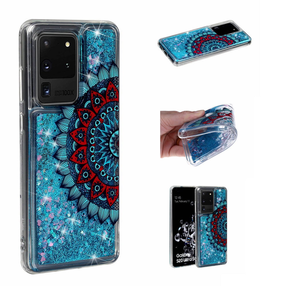 Pattern Printing Glitter Powder Quicksand TPU Phone Case for Samsung Galaxy S20 Ultra - Mandala Flower