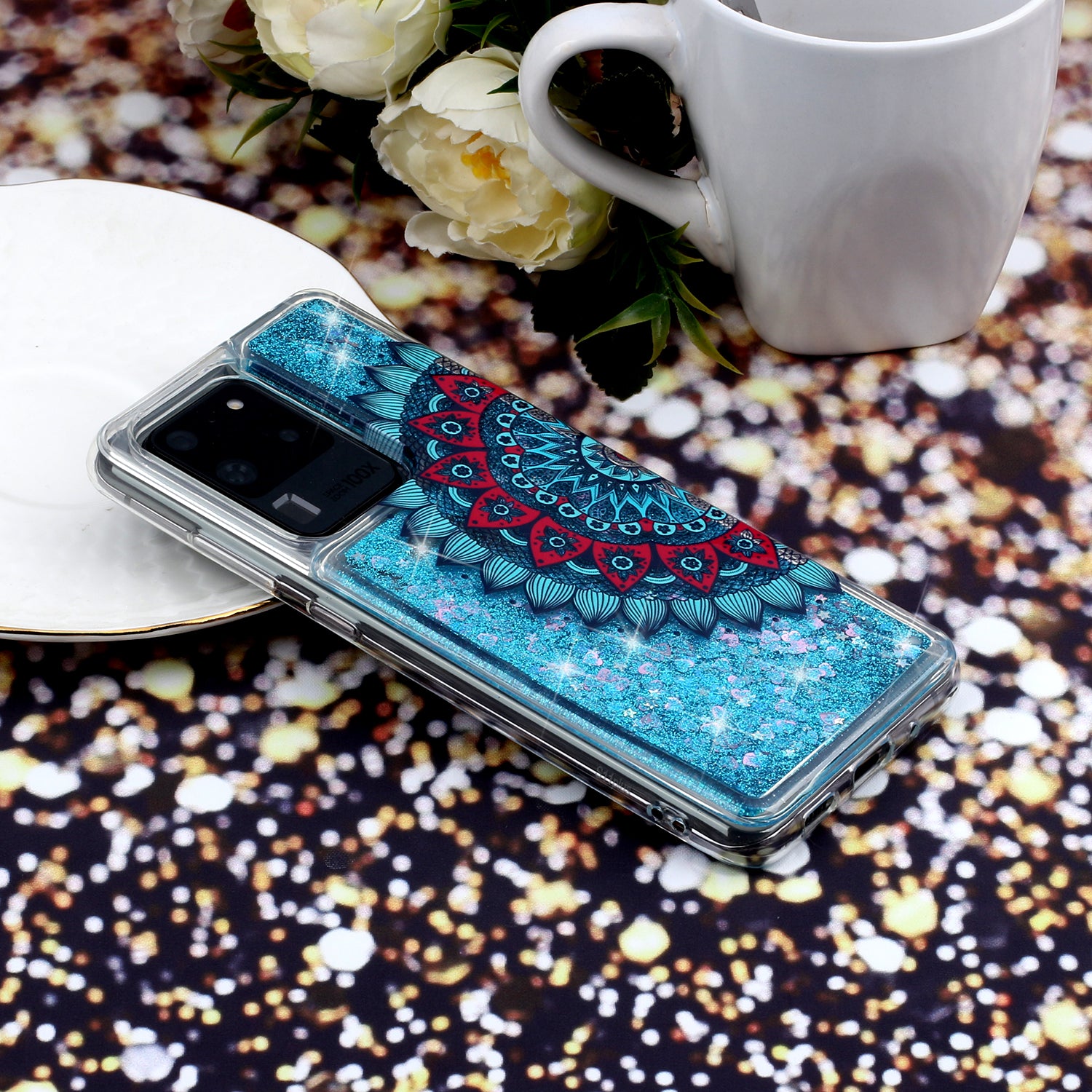 Pattern Printing Glitter Powder Quicksand TPU Phone Case for Samsung Galaxy S20 Ultra - Mandala Flower