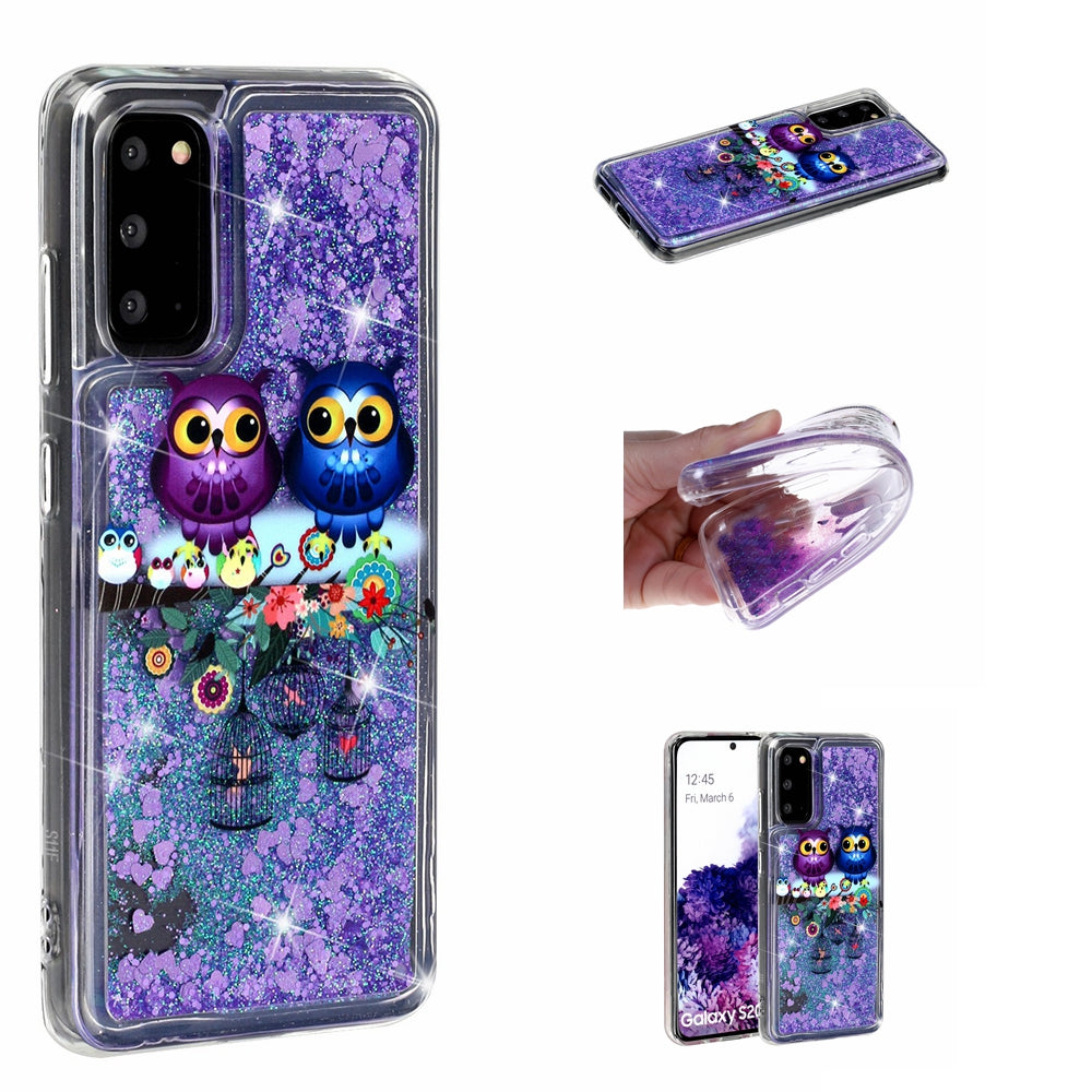 Pattern Printing Glitter Powder Quicksand Cover TPU Case for Samsung Galaxy S20 4G/S20 5G - Couple Owls