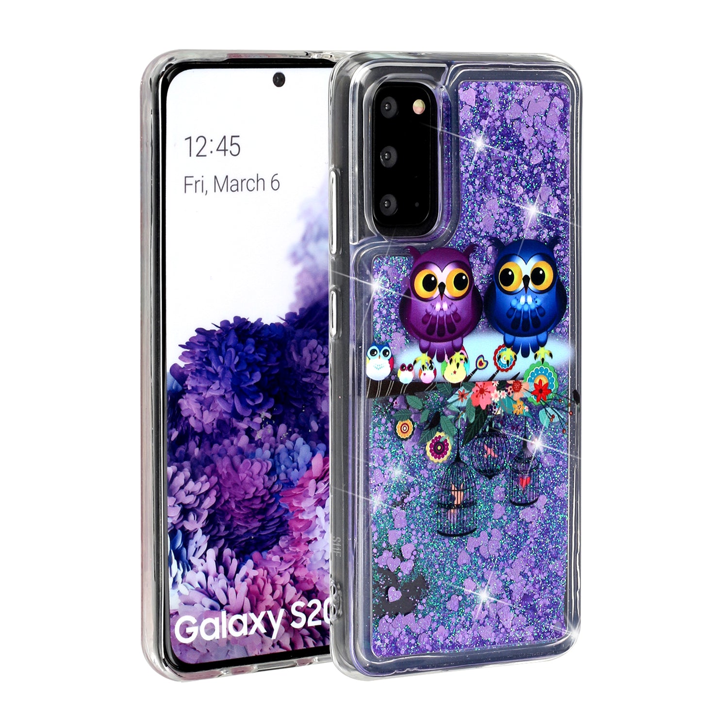 Pattern Printing Glitter Powder Quicksand Cover TPU Case for Samsung Galaxy S20 4G/S20 5G - Couple Owls