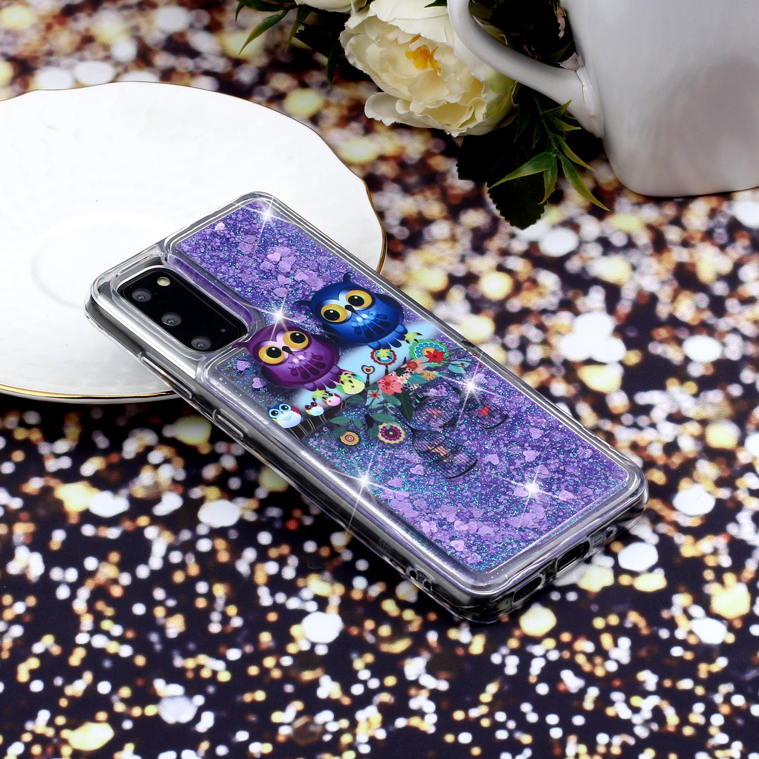 Pattern Printing Glitter Powder Quicksand Cover TPU Case for Samsung Galaxy S20 4G/S20 5G - Couple Owls