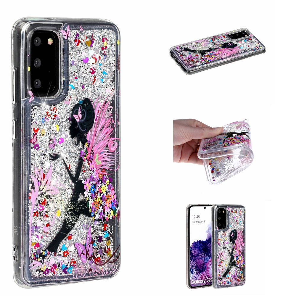 Pattern Printing Glitter Powder Quicksand Cover TPU Case for Samsung Galaxy S20 4G/S20 5G - Girl and Butterfly