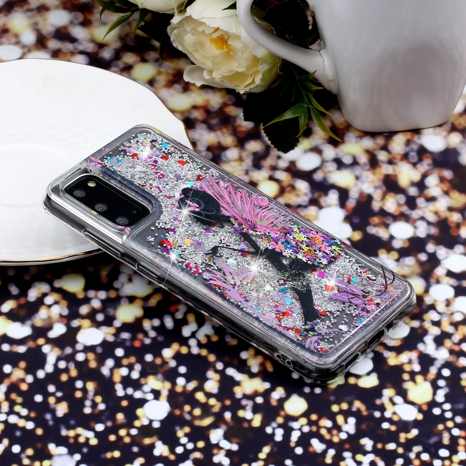 Pattern Printing Glitter Powder Quicksand Cover TPU Case for Samsung Galaxy S20 4G/S20 5G - Girl and Butterfly