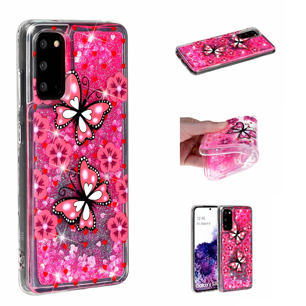 Pattern Printing Glitter Powder Quicksand Cover TPU Case for Samsung Galaxy S20 4G/S20 5G - Butterflies